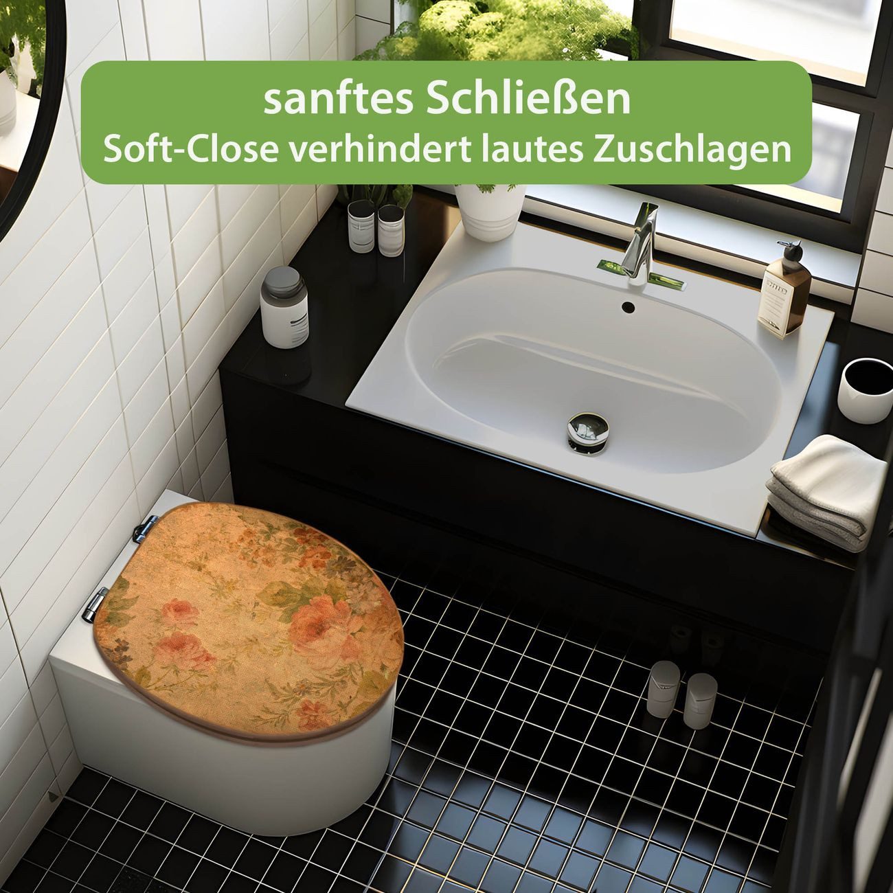 banjado WC-Sitz aus Bambus mit Absenkautomatik Motiv Blumen Antik (umweltfreundliches Material, integrierte Absenkautomatik), 45,8 x 37,5 x 5 cm – Bild 2 von 5