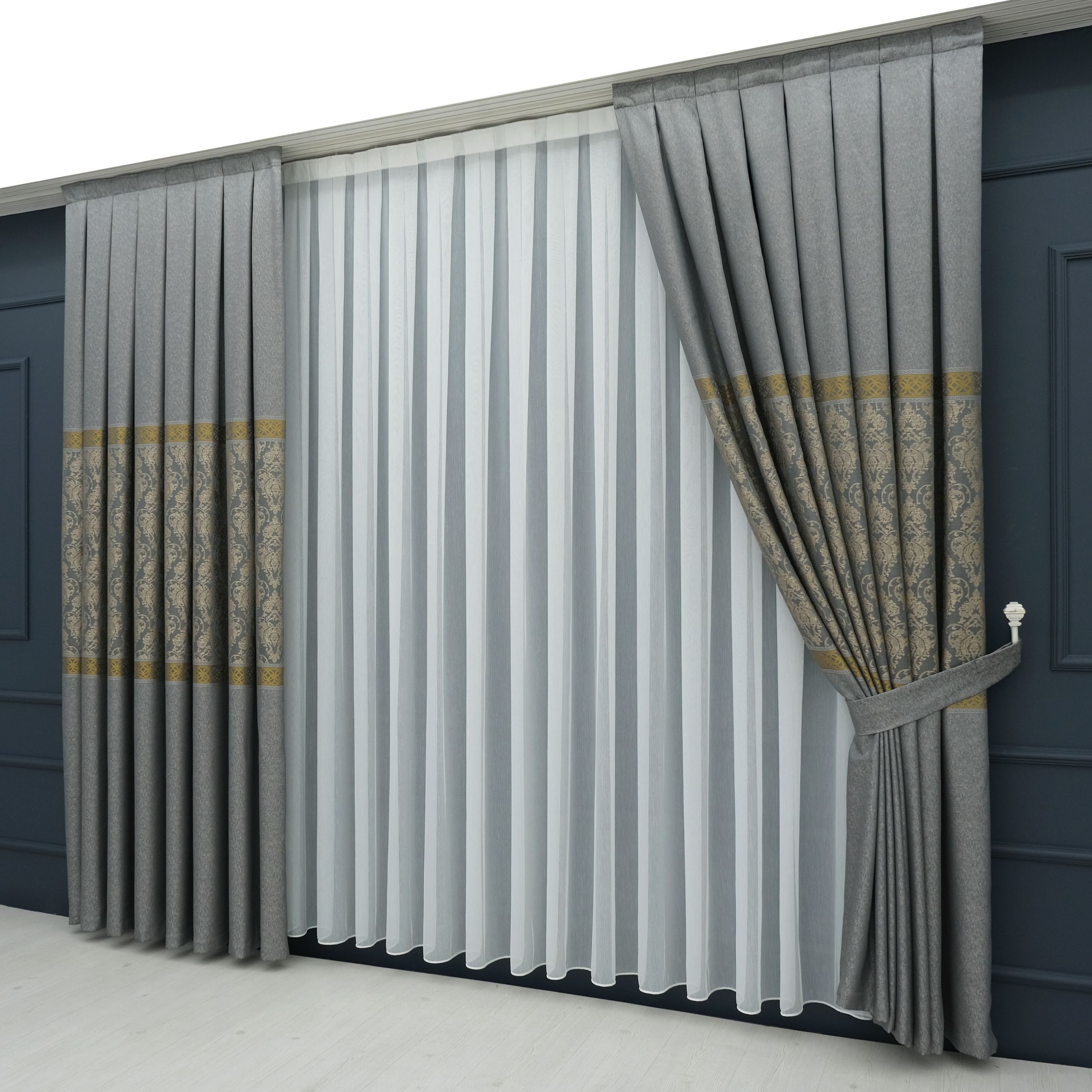 Gardinen by Justyna Vorhang Komplett-Set Vorhang Grau – Falten mit Store (5 St), Kräuselband, Fertiggardine, Halbtransparent, Faltenband, Komplett-Set, Pflegeleicht