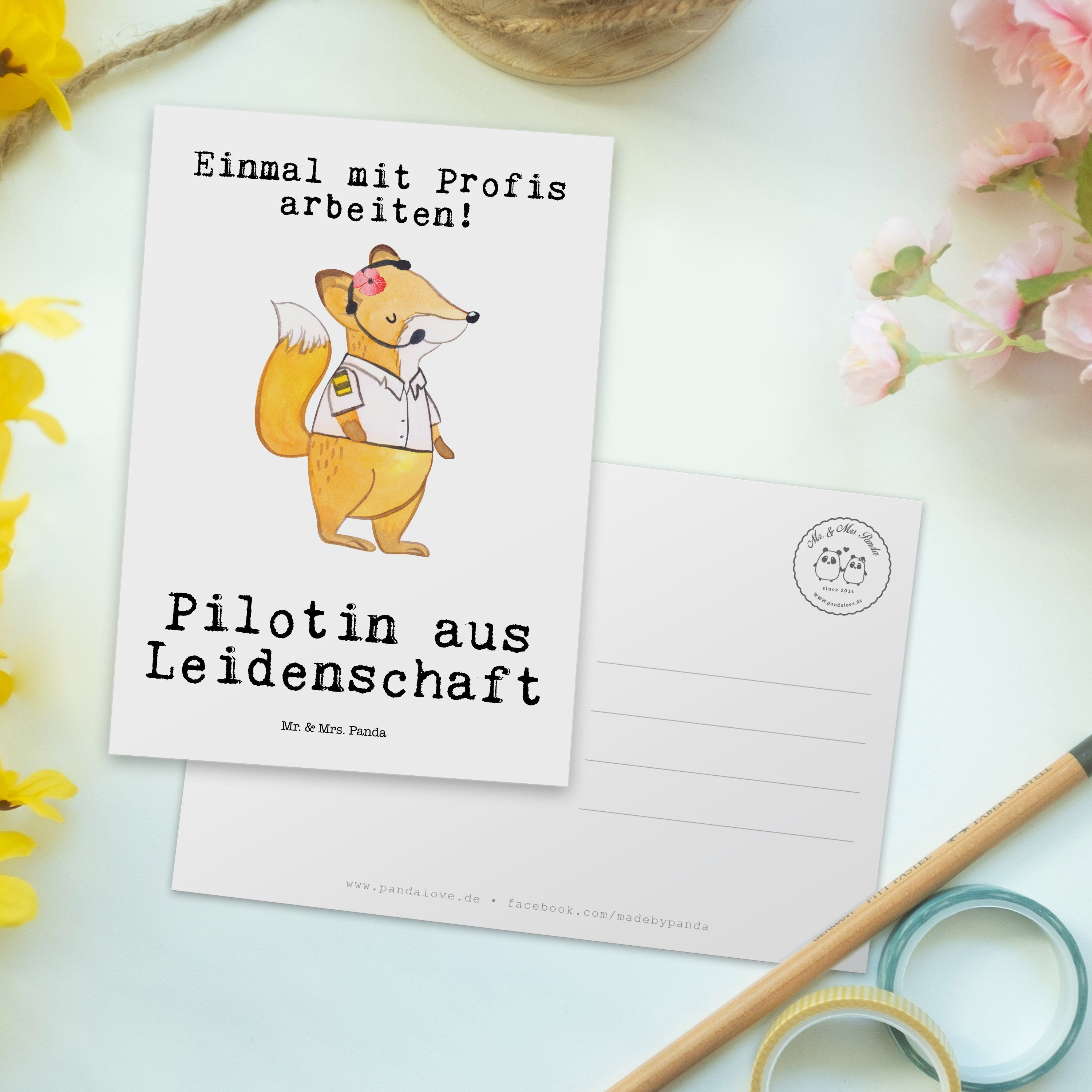 Mr. & Mrs. Panda aus - Moderation, Leidenschaft Weiß Pilotin - Geschenk, Karte, Postkarte Gesche