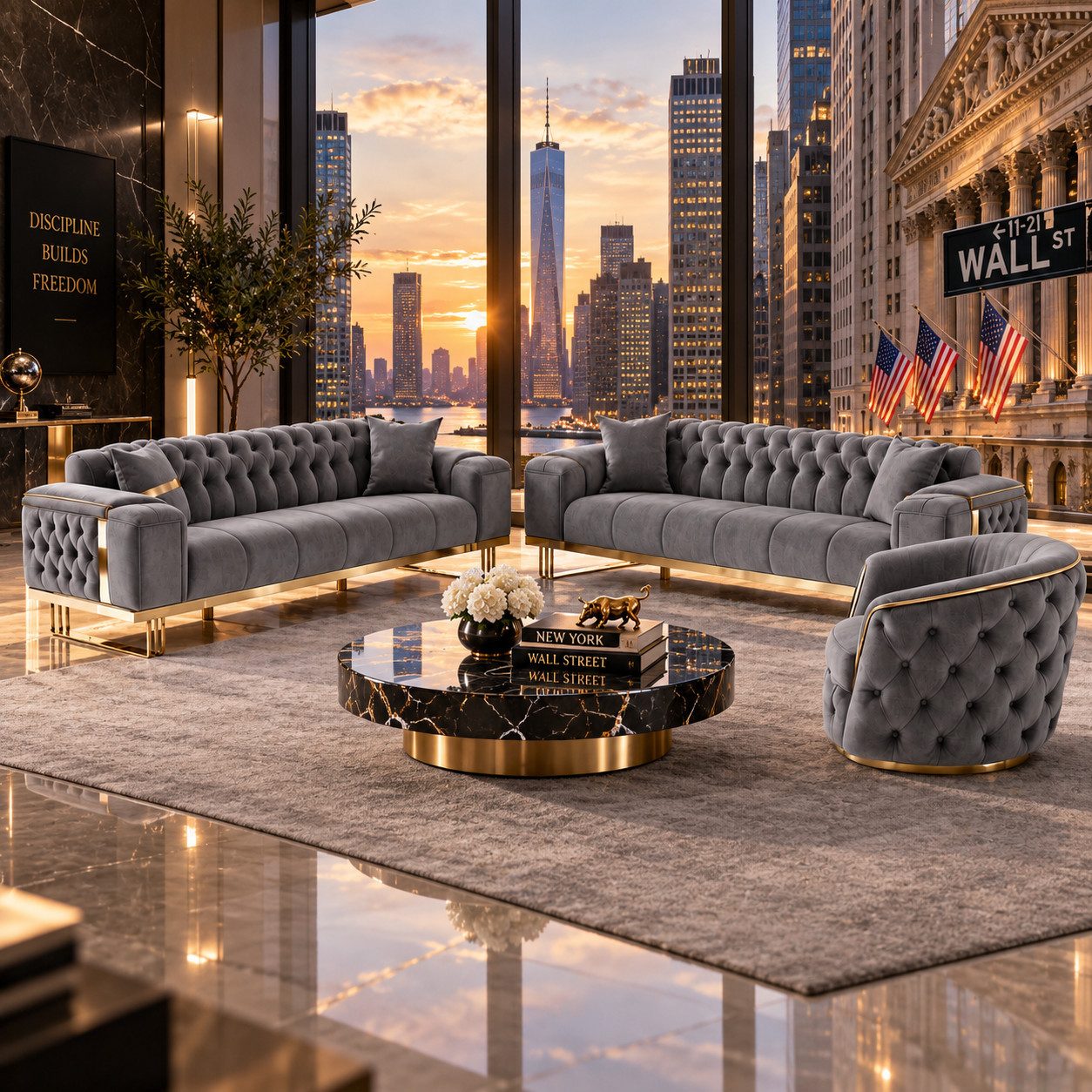 Palms-Store Sofa Sofa-Set Wallstreet Grau Premium Qualität Gold, Spar-Set, in 5 Stofffarben erhältlich