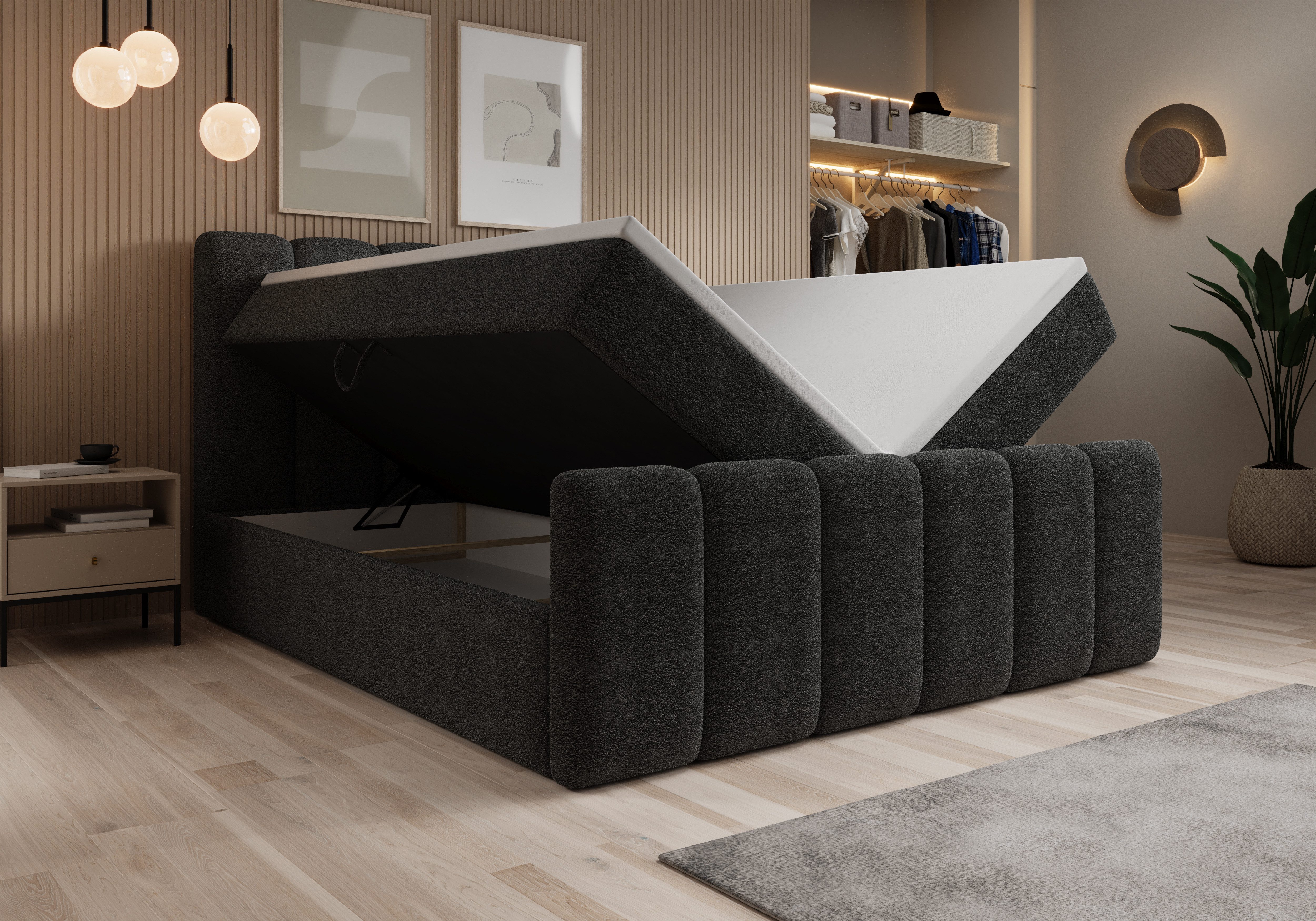 thematys Boxbett mit Bettkasten 140x200–200x200 cm – Velours oder Bouclé Bezug – (Polsterbett Bonnellfederkern Matratze H3 + Gratis 3cm Topper, Boxbett - Luxus  – Bild 3 von 5