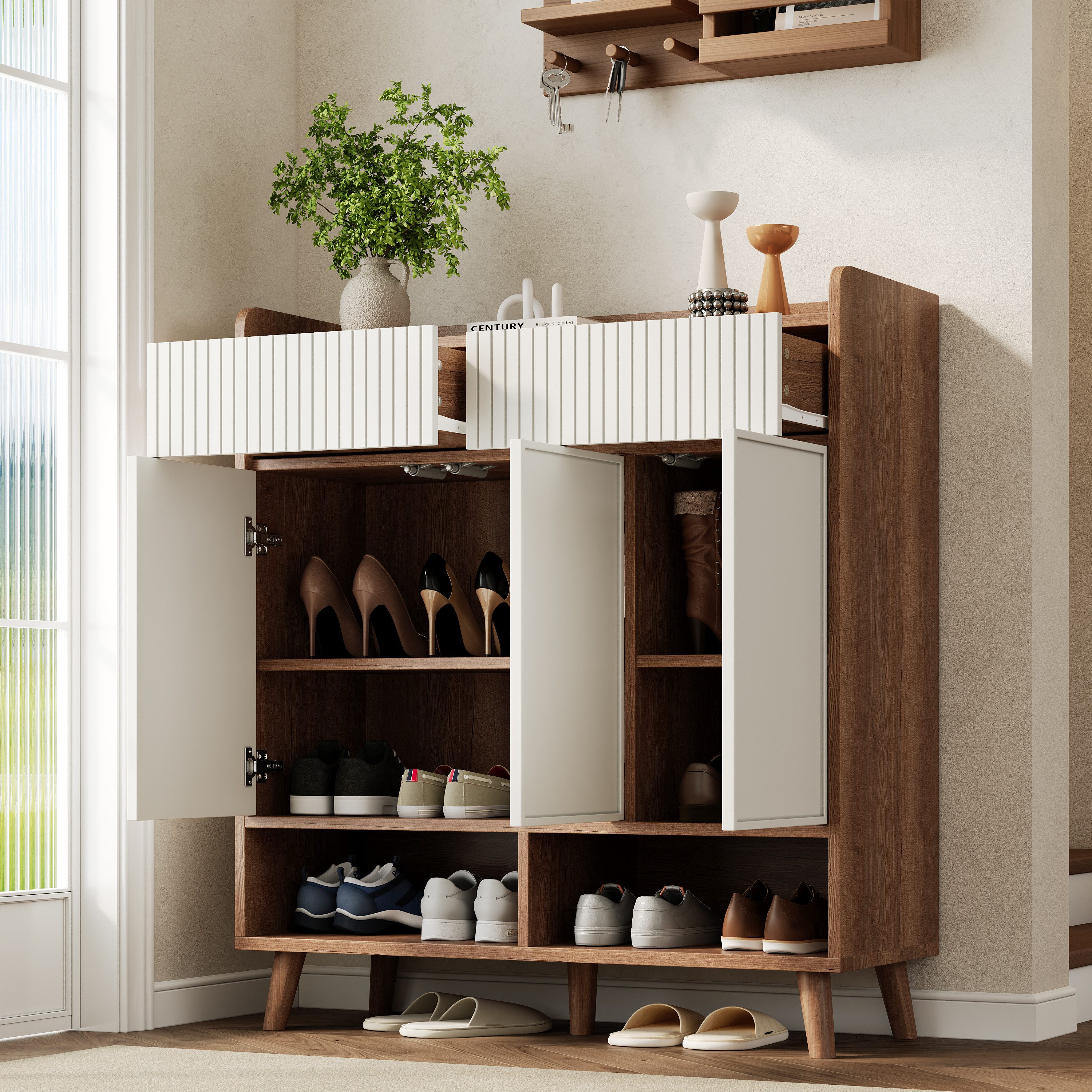 Flieks Schuhschrank mit 2 Schubladen, 3 Türen und 2 offenen Fächern Weiß+Natur (90x35x100 cm, 1-St) Mehrzweckschrank Schuhkommode mit verstellbarer Einlegeböden Holzoptik