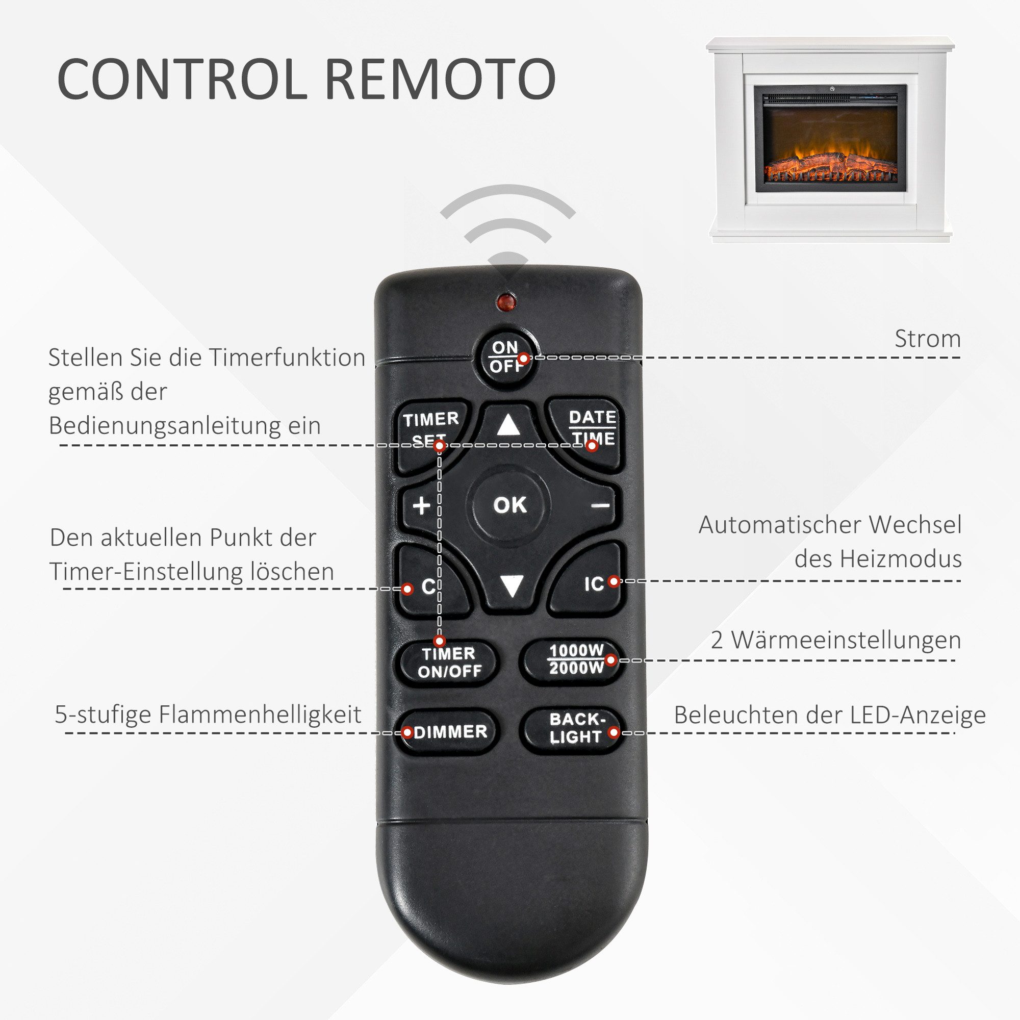 HOMCOM Elektrokamin Elektrischer Standkamin mit Heizung, 2000W Kamin, Fernbedienung, für Wohnzimmer, Schlafzimmer, Weiß – Bild 4 von 5