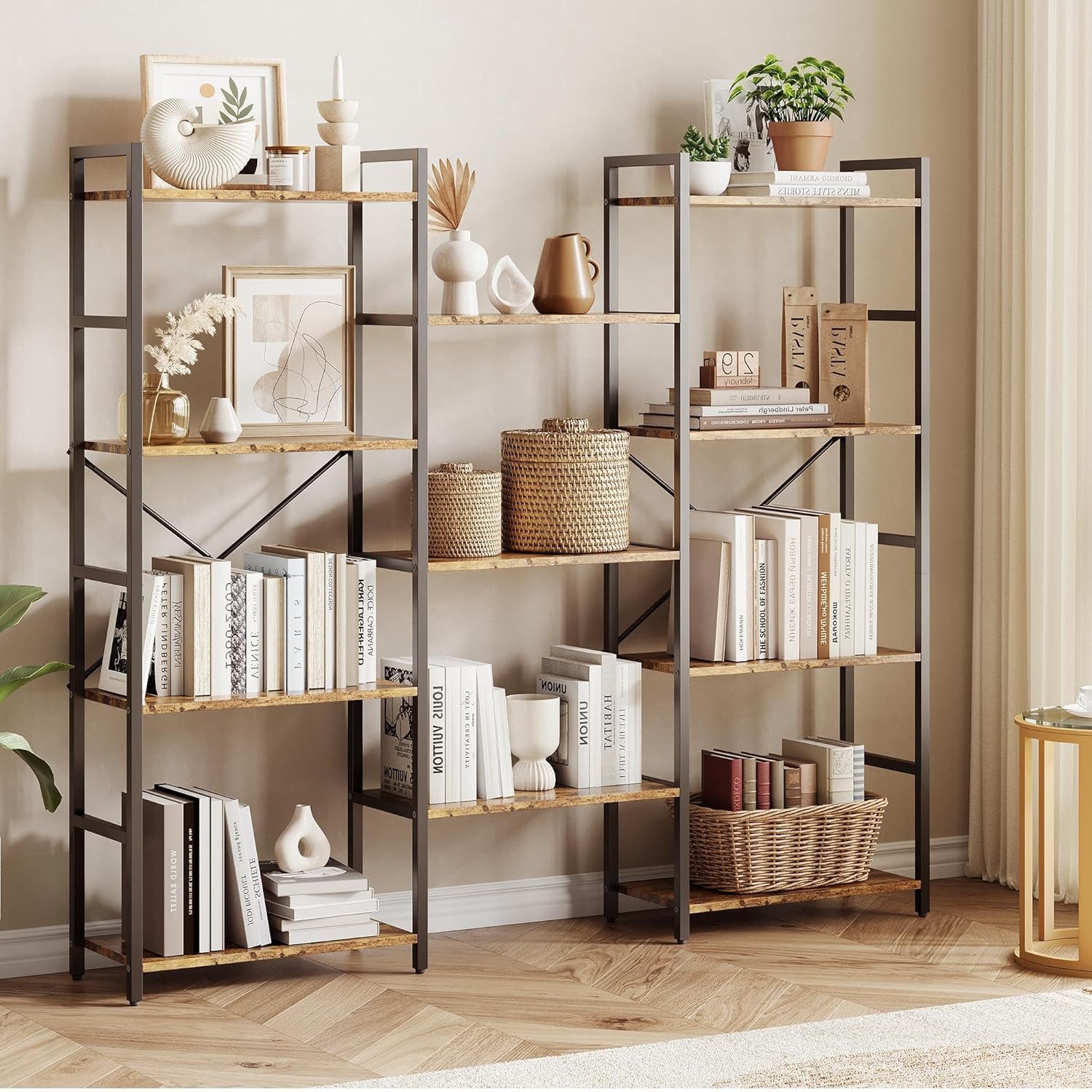 GarveeMore Bücherregal 4 Etagen mit 11 offenen Ablageflächen,rustikalen Industriestil, breites Bücherregal für Wohnzimmer Schlafzimmer und Büro