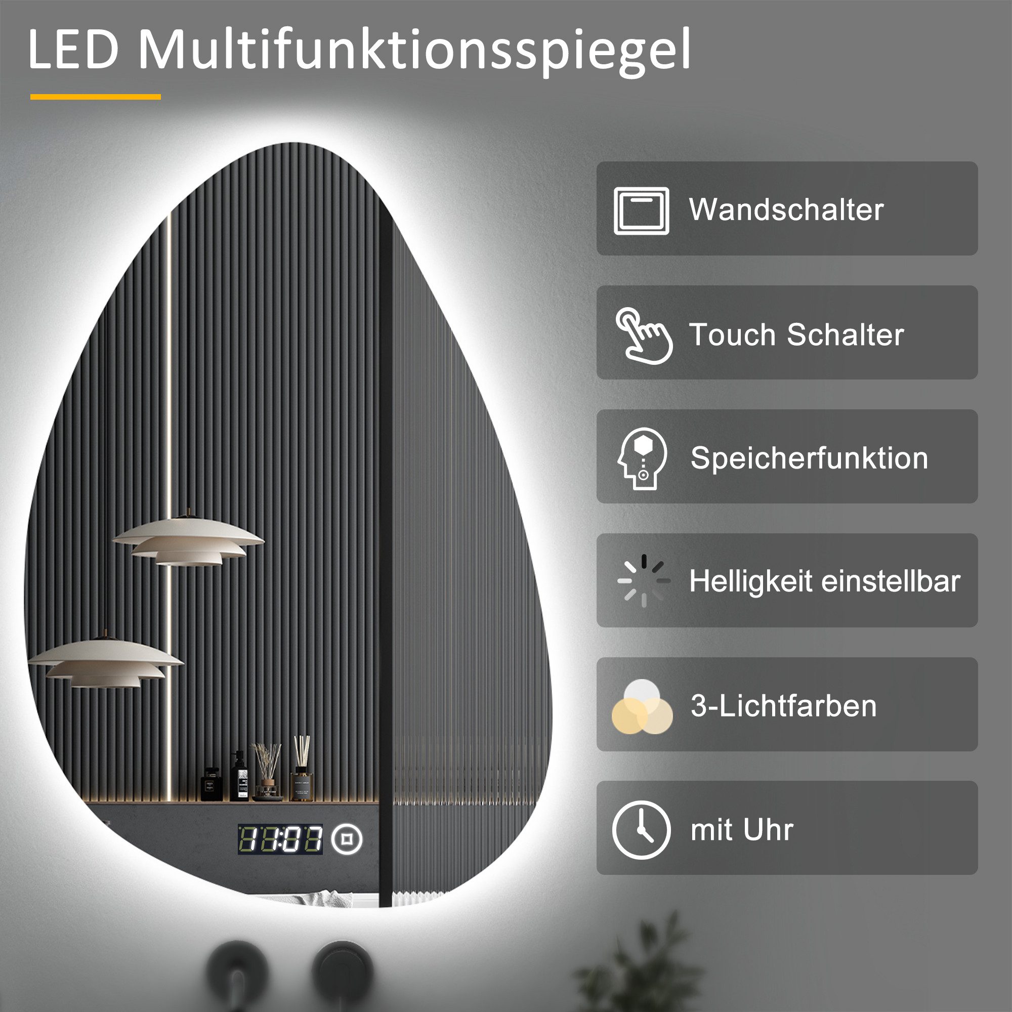 WDWRITTI Badspiegel mit beleuchtung und Uhr günstig online kaufen