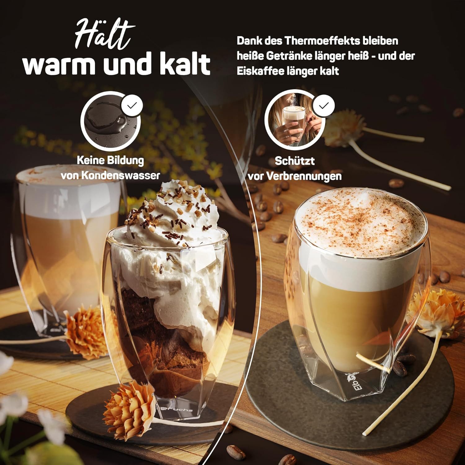 ElbFuchs Latte-Macchiato-Glas Barcelona Curved, 350ml, Borosilikatglas, 4-tlg., Borosilikatglas, Doppelwandiger Thermoeffekt – Bild 4 von 5