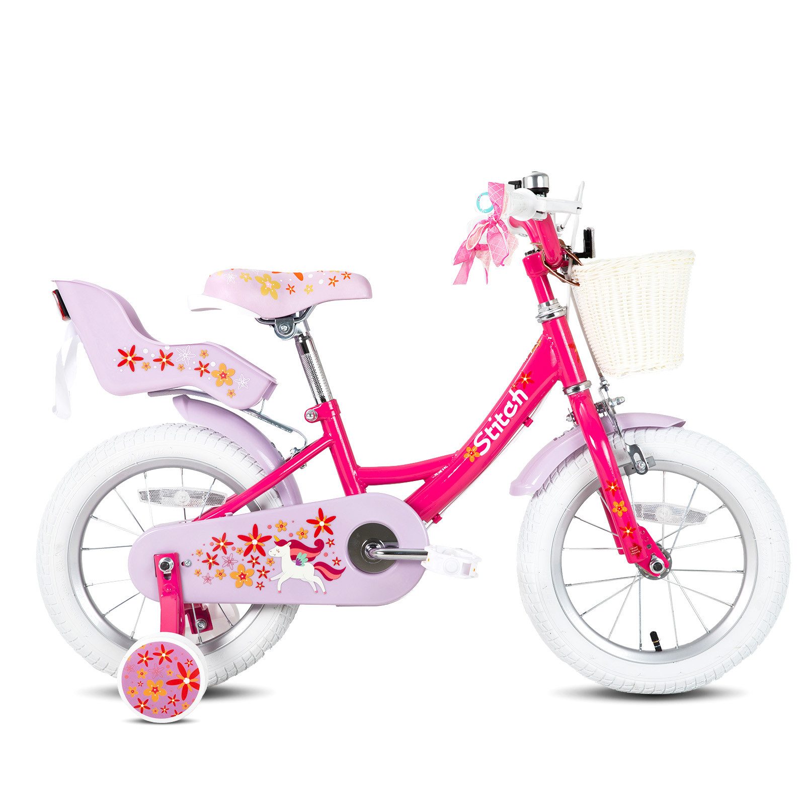 JOYSTAR Kinderfahrrad Unicorn 12/14/16/18 Zoll Kinderfahrrad für 3-9 jährige Mädchen, mit Puppenradsitz, Stützrädern, Korbstreamer, 18 Zoll mit Kickstand