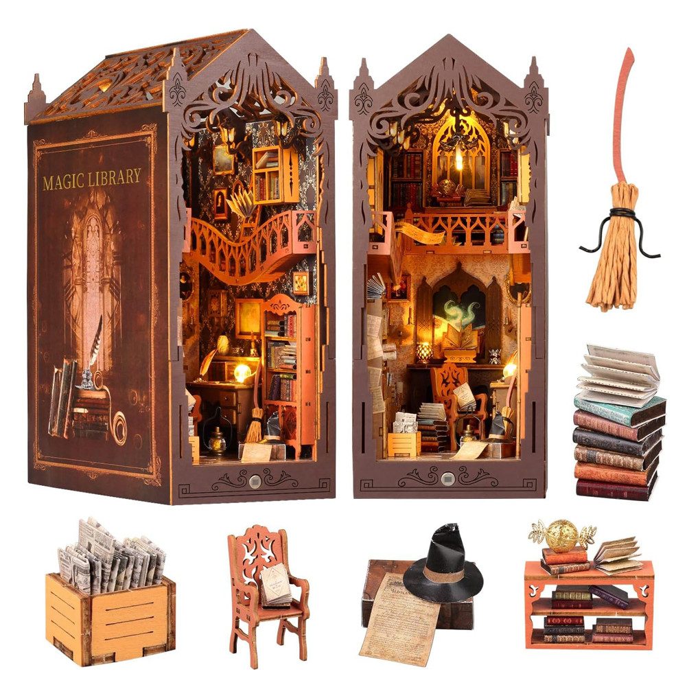 FANNOU Buchstütze Book Nook Kit for Adults, Magische Zauberbibliothek mit LED Licht (1 St), DIY Miniature House,3D Wooden Puzzle,Bastelgeschenk für ab 14 Jahren