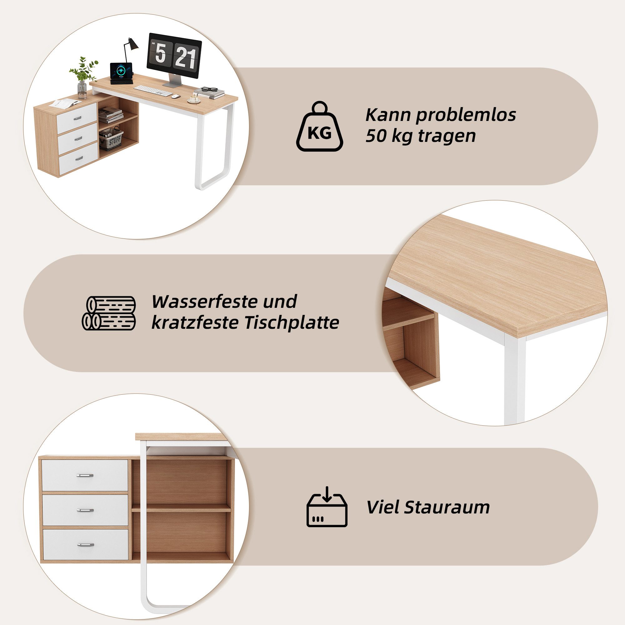 Merax Schreibtisch aus MDF und Stahl (1-St., Bürotisch), Arbeitstisch mit 3 Schubladen & 2 Ablagefächern, 135x50cm, Natur/Weiß