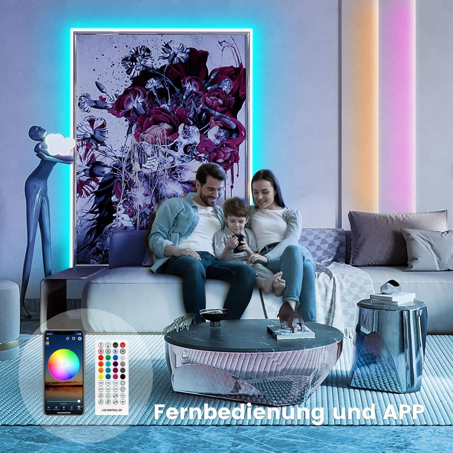 Athlix LED-Lichterkette LED Streifen RGB Lichterkette selbstklebend mit APP und Fernbedienung, 16 Millionen Farben, Verschiedene Licht- & Musikmodi