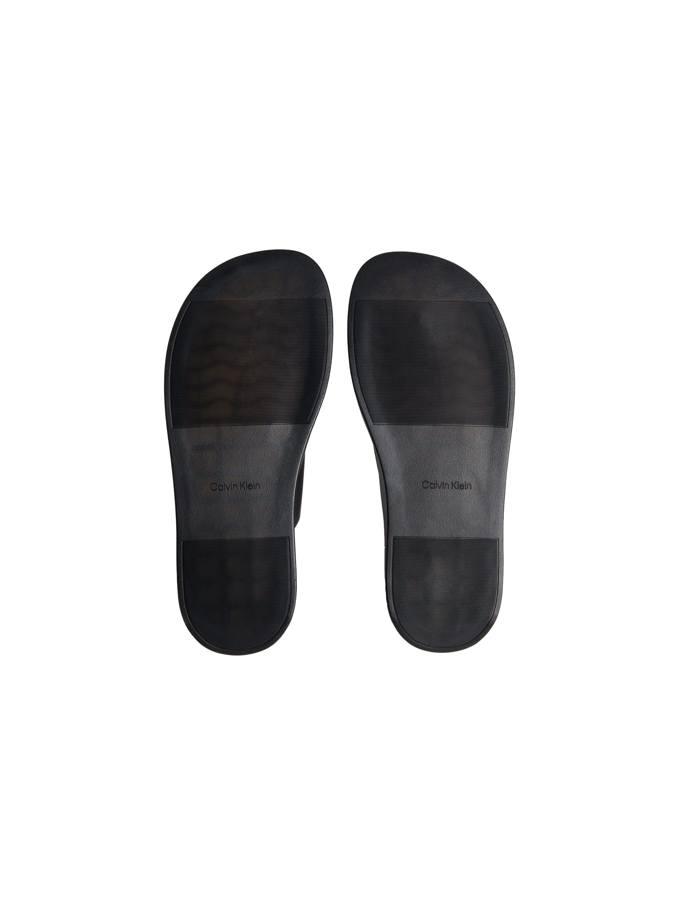 Calvin Klein ERGON DOUBLE BAR SANDAL LTH Pantolette Strandschuh, Sommerschuh, unifarbener Flat mit Logoschriftzug