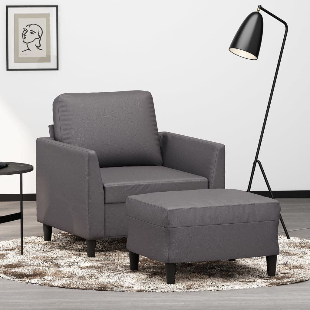 vidaXL Sofa Sessel mit Hocker Grau 60 cm Kunstleder