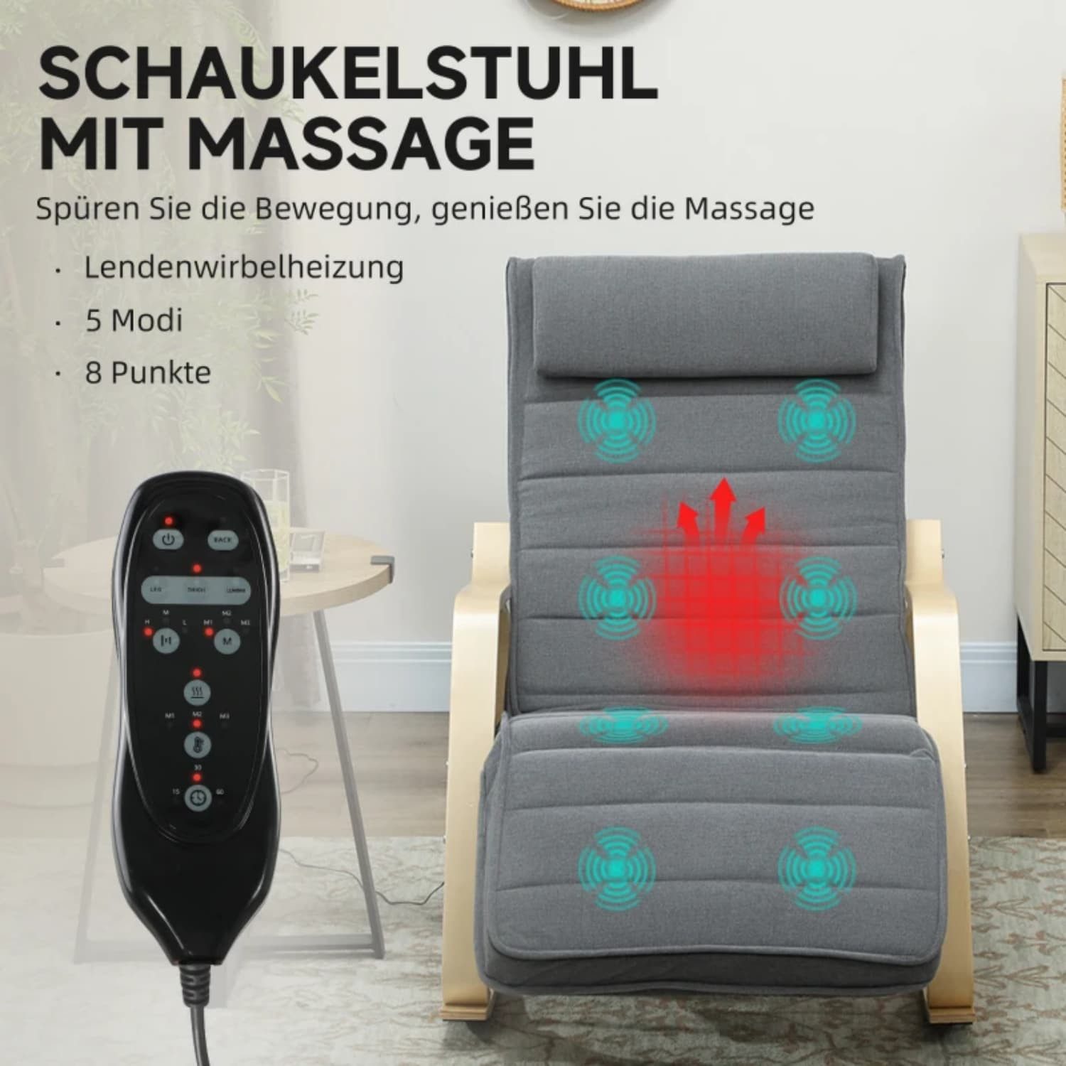 autolock Schaukelstuhl Schaukelstuhl mit Massage-Funktion, Lendenheizung, 3 Modi, Stoffbezug