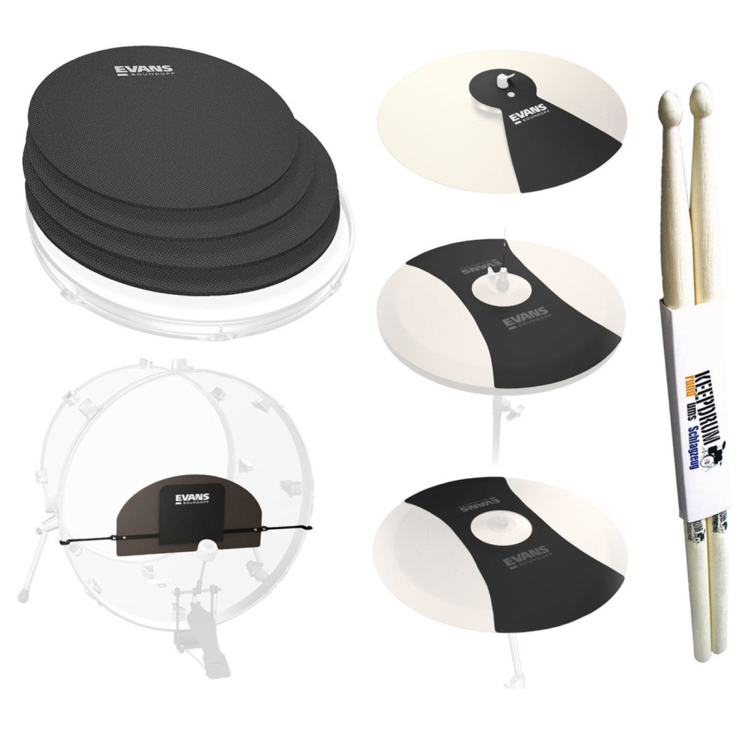 Schlagzeug Evans SoundOff Drum Mute Fusion mit Schlagzeugstöcken