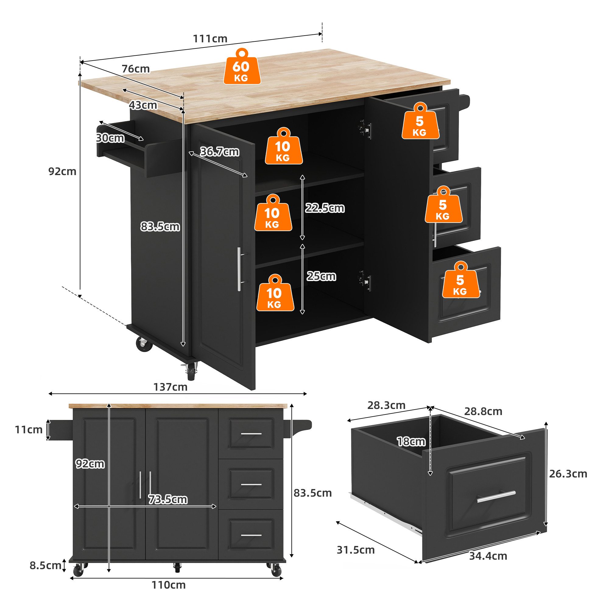 Ulife Kücheninsel Großer mobiler Küchentisch aus Eichenholz – klappbar & multifunktional, 3 Schubladen, Handtuchhalter, für Küche/Esstisch (L137×B43/76×H92cm)