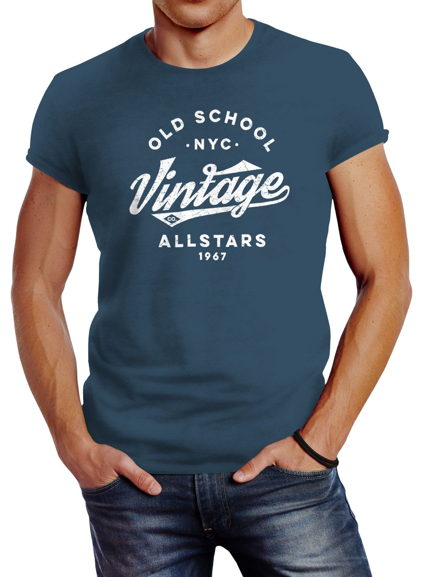 Neverless Print-Shirt Neverless® Herren T-Shirt College Style Schriftzug Oldschool Vintage Allstars Fashion Streetstyle mit Print blau