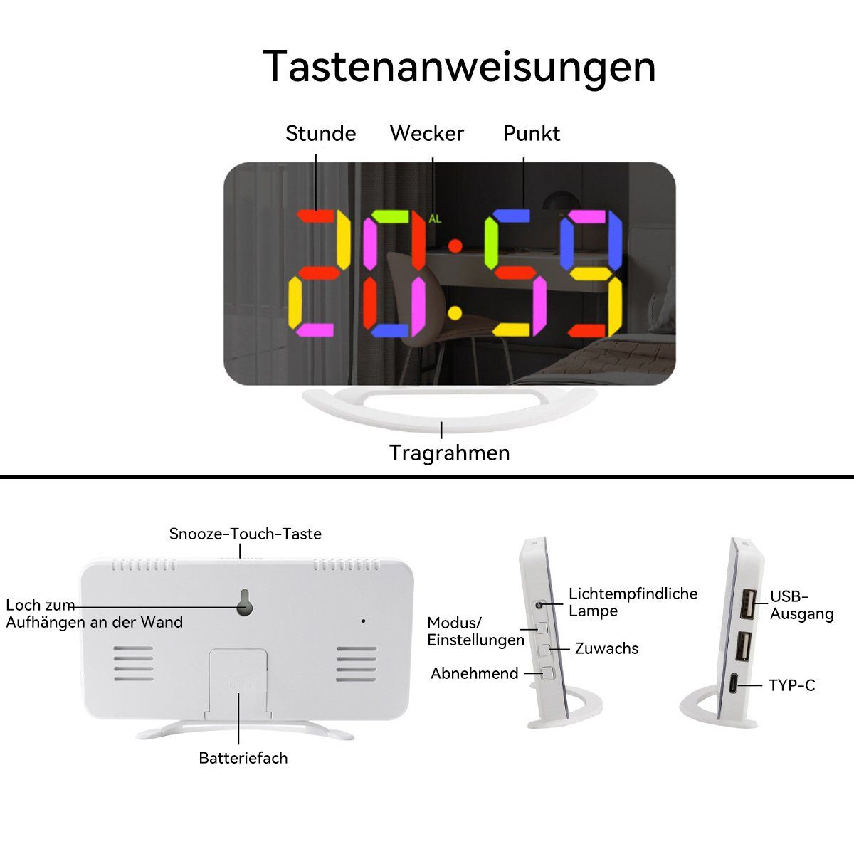 Erkennung DOPWii Spiegelwecker, 7-farbiger automatischer mit RGB-LED-Wecker Wecker