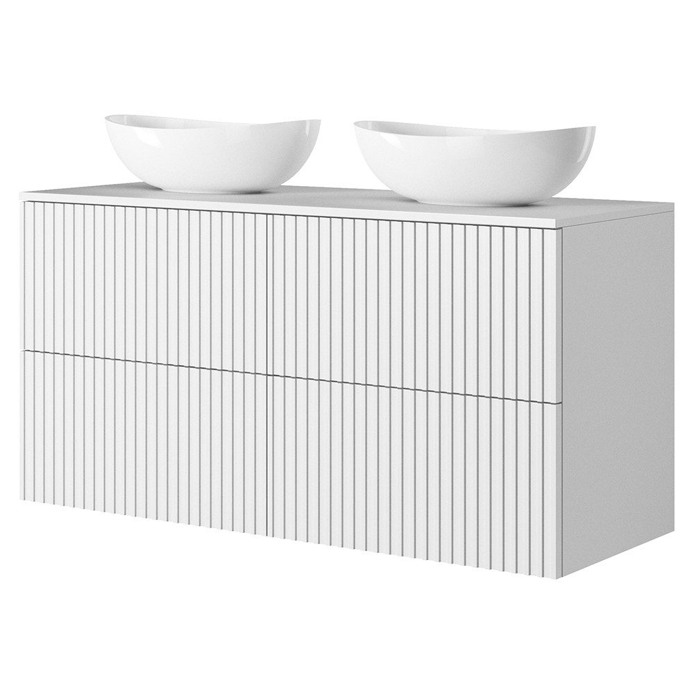 Lomadox Doppelwaschtisch NAVASOTA-141, 120 cm breit in weiß, gerillte Front, 2 Aufsatzwaschbecken