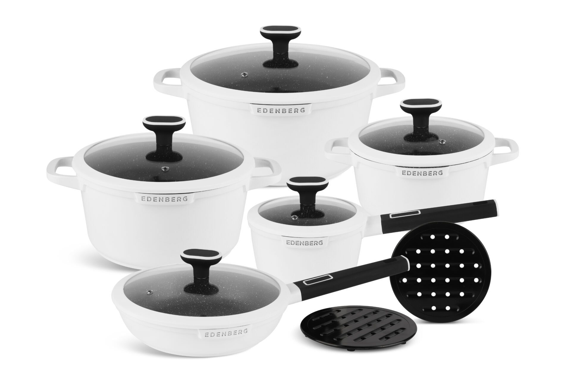 Edenberg Topf-Set Wunderschönes weißes Topfset, Pfanne, Kasserolle, Glasdeckel Keramik, Aluminium, Keramik, Aluminiumguss, Gepresstes Aluminium (Verleihen Sie Ihrer Küche Stil und genießen Sie müheloses Kochen auf höchstem Niveau – mit unserem schneeweiße