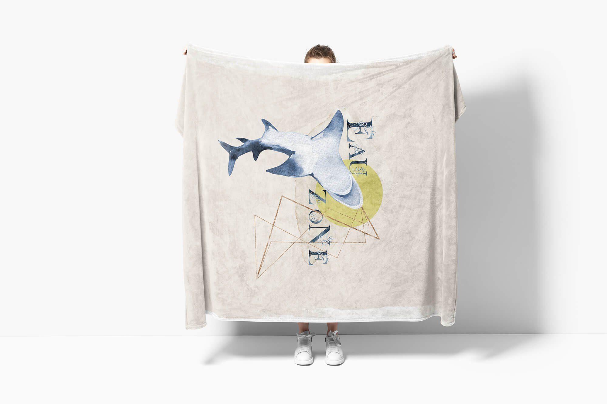 Sinus Art Handtücher Handtuch Strandhandtuch Kunstvoll Handtuch Motiv, Kuscheldecke (1-St), Baumwolle-Polyester-Mix Ozean Hai Saunatuch