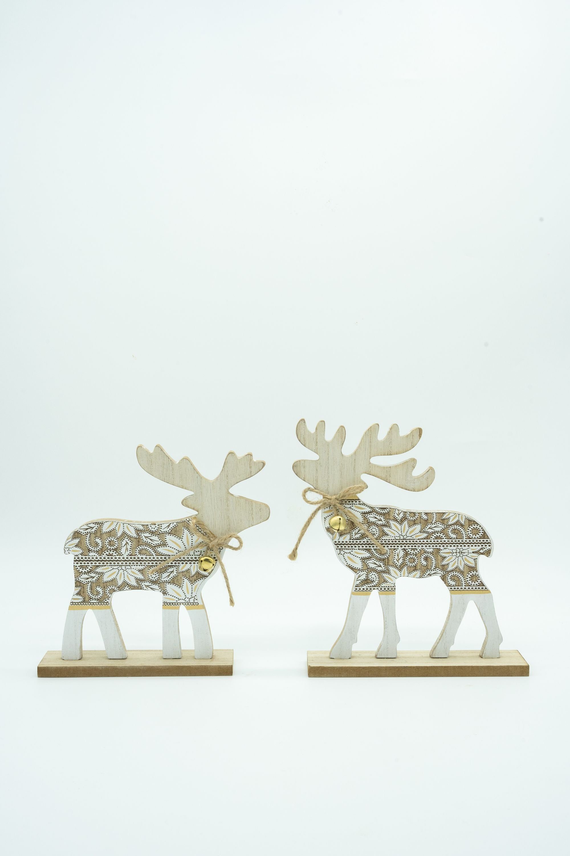 natur/weiß Hirsch Weihnachtsfigur mit Glocken, DECO Heitmann aus Holz,
