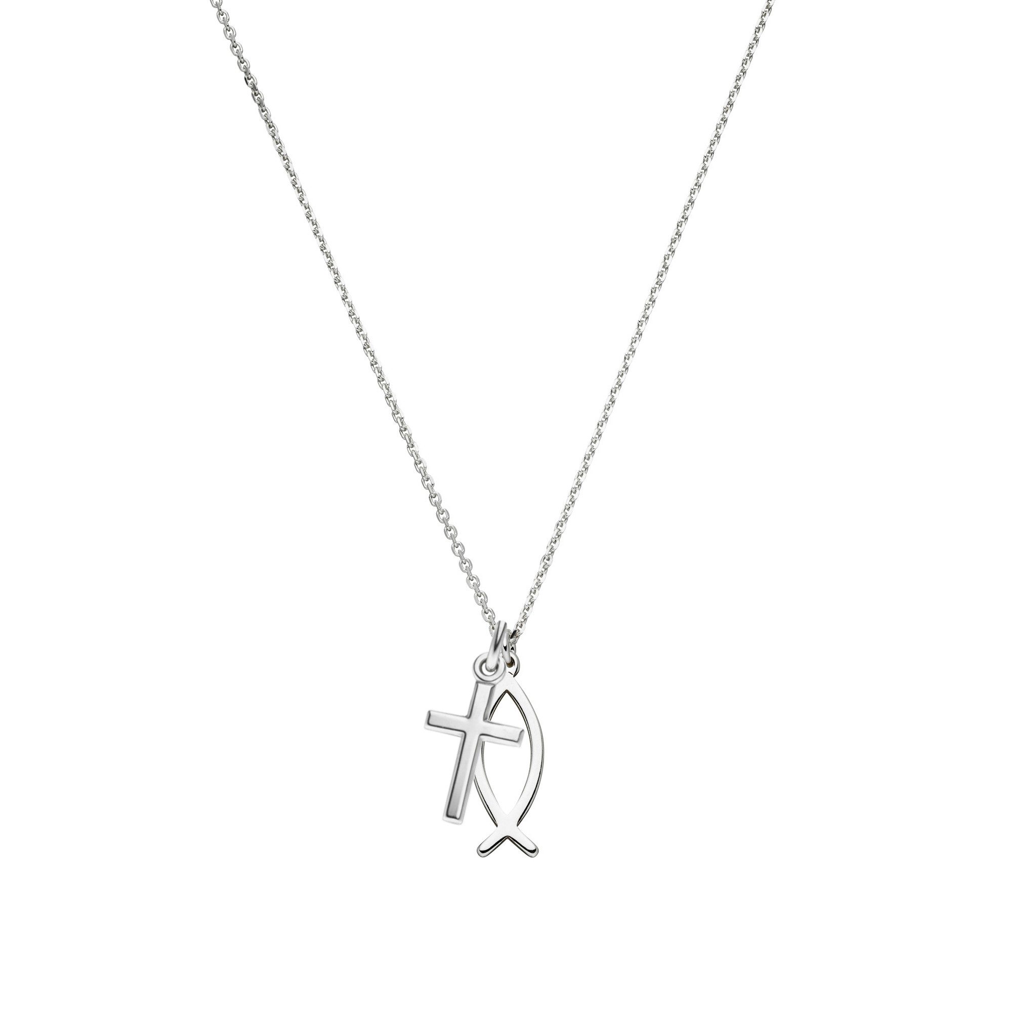 SCHOSCHON Kette mit Anhänger Kreuz ICHTHYS Fisch-Symbol 925 Silber Halskette, christlicher Schmuck