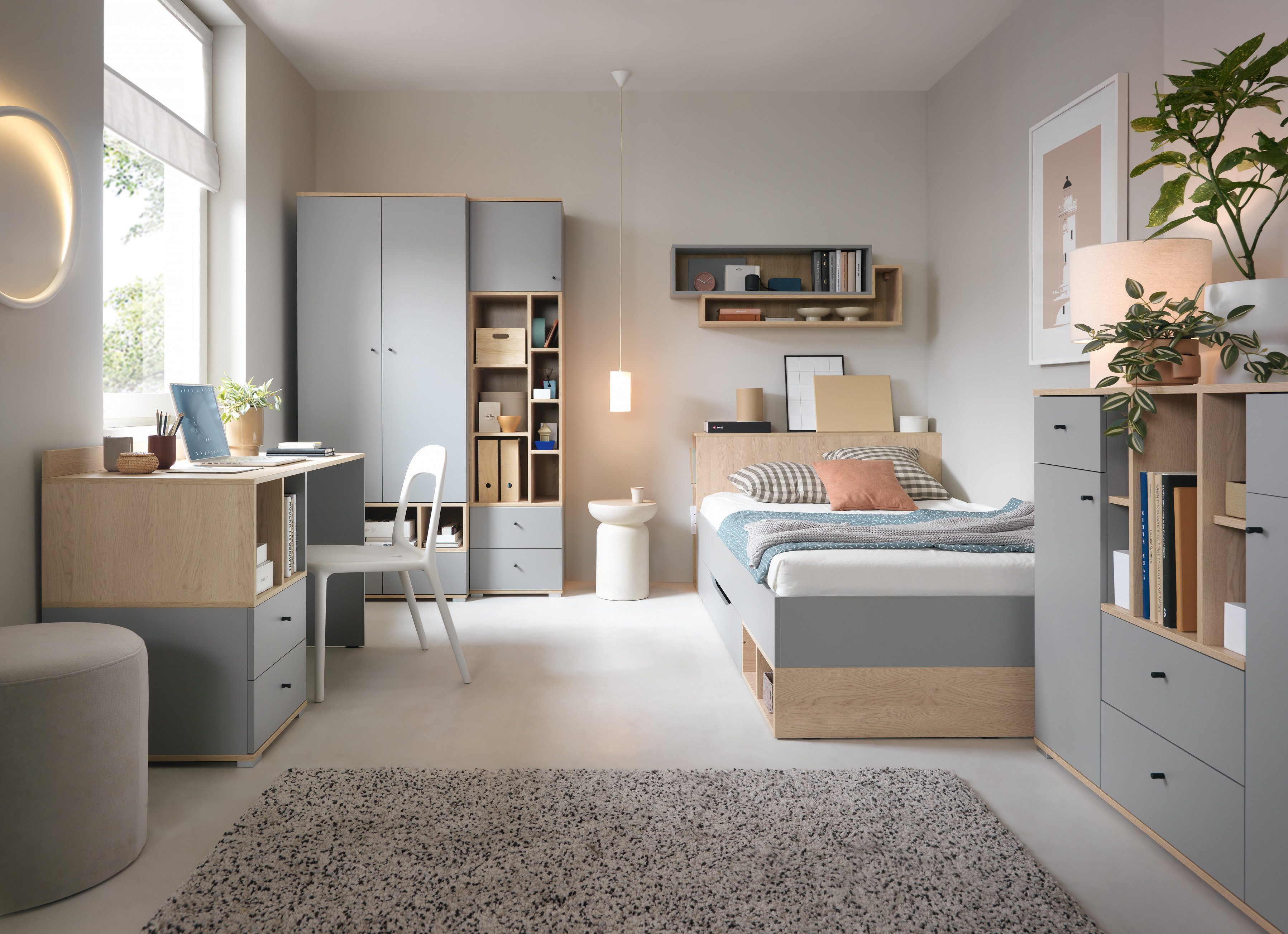 möbel-direkt.de Jugendzimmer-Set Nova in Grau und Eiche, (Komplett Set, 8-tlg., in verschiedenen Varianten oder als Einzelmöbel wählbar), Fronten mit ABS-Kanten und robuste Metallgriffe