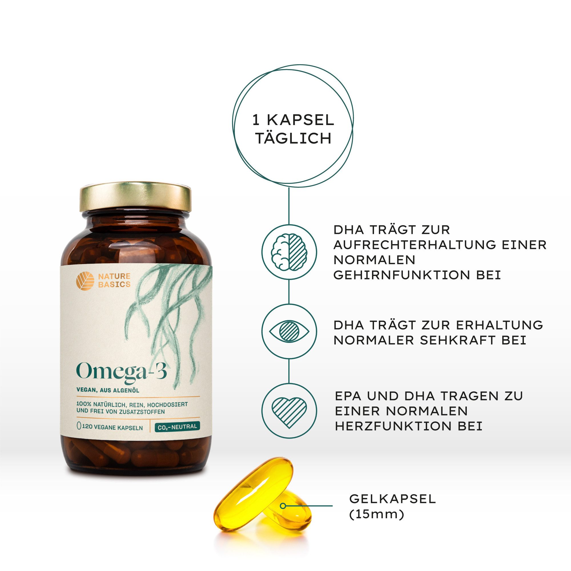 Nature Basics Hochwertiges Omega 3 Algenöl 830mg Vegan Kapseln, kein Fischöl, hochdosiert mit 830 mg Algenöl, 250 mg DHA, 125 mg EPA à 120 St., 142 g