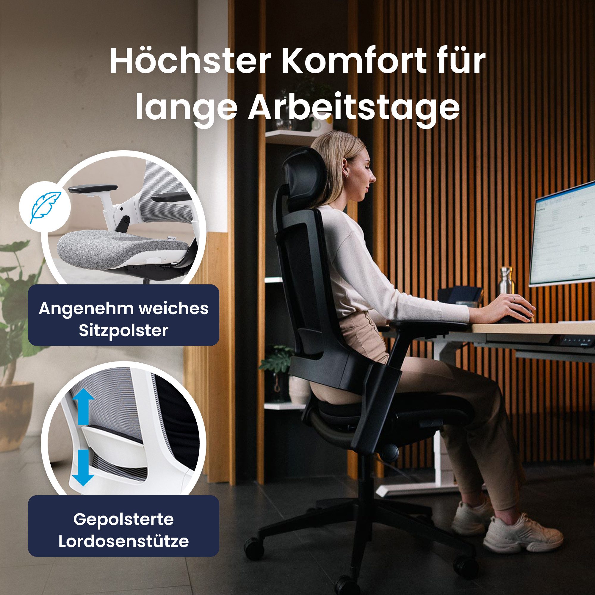 Ergotopia Bürostuhl ergonomischer Schreibtischstuhl NextBack, Drehstuhl mit 3D Armlehnen & verstellbarer Kopfstütze – Bild 3 von 5