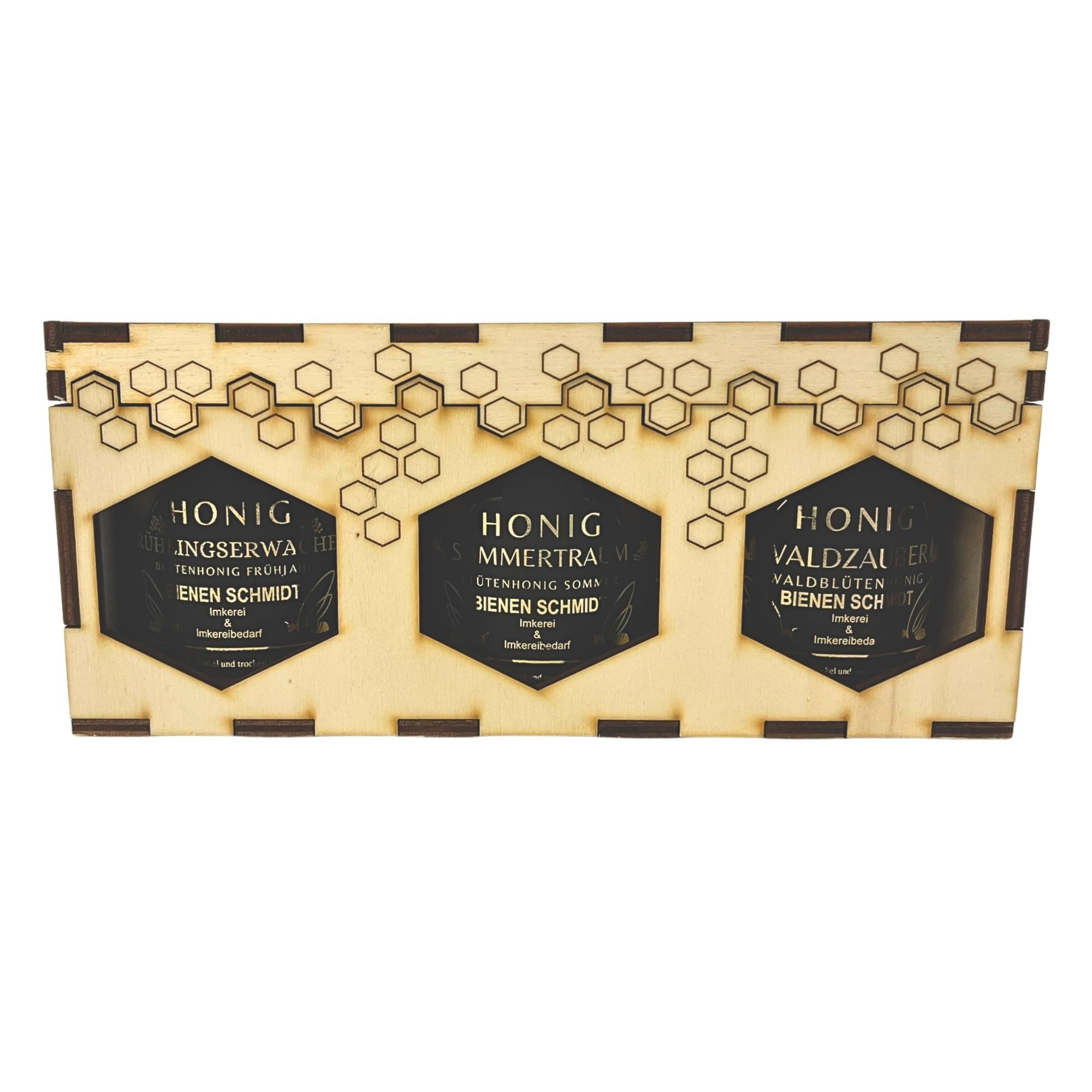 BIENEN SCHMIDT Honig 3er Holzgeschenkset mit 500g Honiggläsern in 3 Sorten, (Spar-Set), inkl. Gravur "frohe Weihnachten"