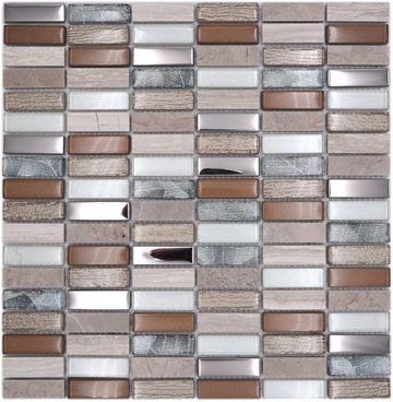 Mosani Mosaikfliesen Glasmosaik Naturstein Mosaik hellbraun silber grau / 10 Matten