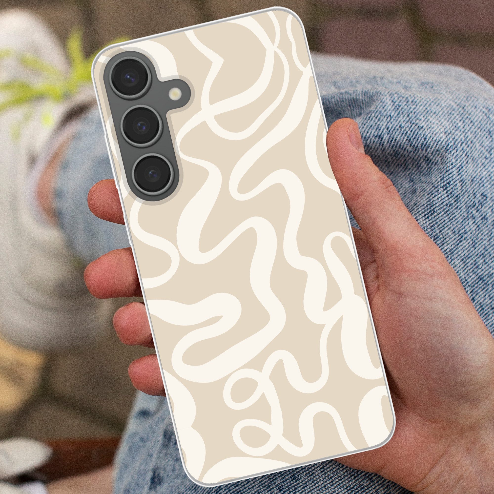 MuchoWow Handyhülle für Samsung Galaxy S24 Plus Linien - Abstrakt - Beige - Weiß - Minimal, Phone Case, Silikon, Schutzhülle Dünn
