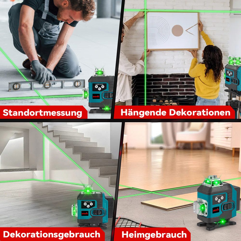 ONEVAN Laserwasserwaage 16 Linien Laser Level 4° Selbstnivellierend, 4 x 360° Laser Level, 2x Akku + Stativ, für Innenbau, Fliesen & Holz
