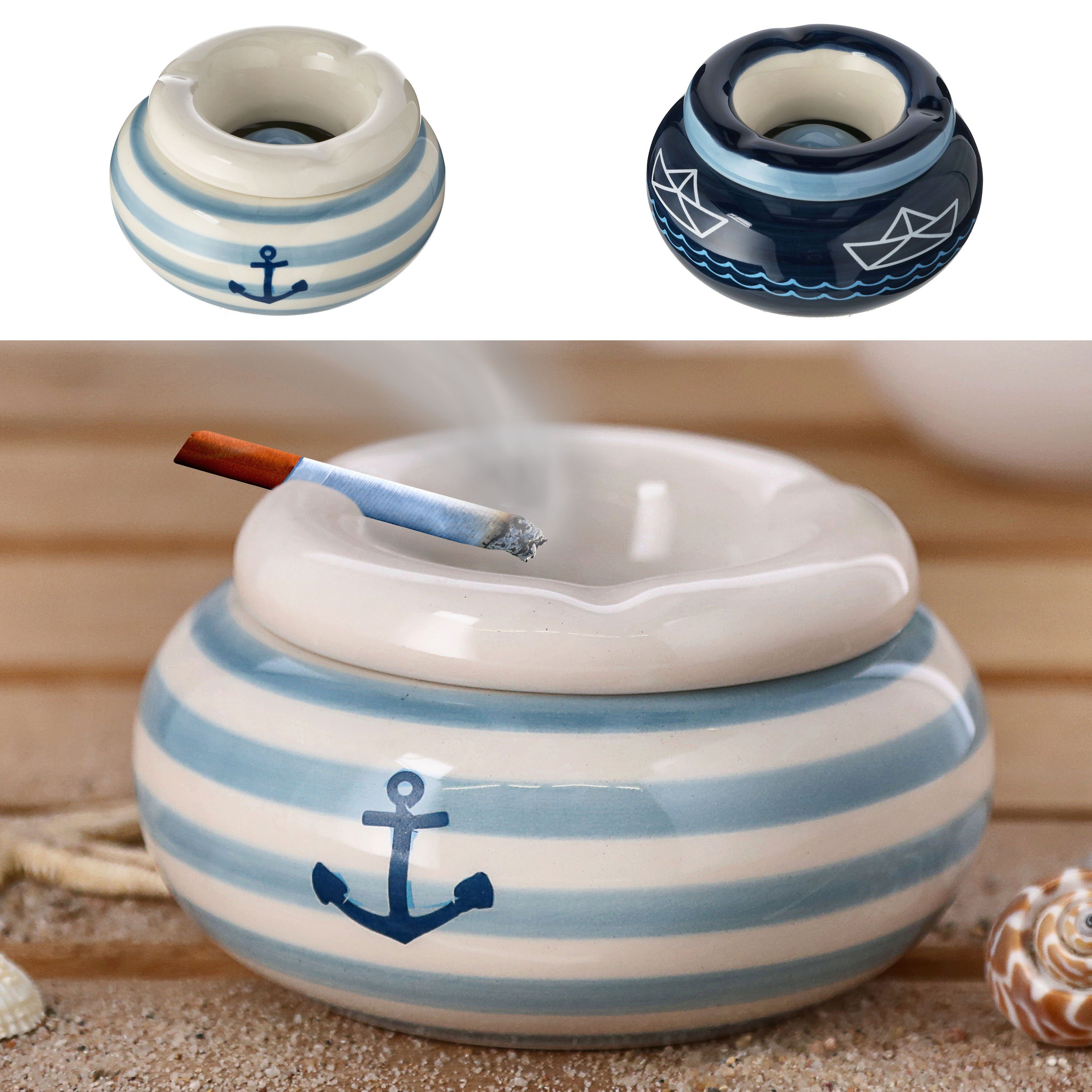 CEPEWA Aschenbecher Sturmaschenbecher Maritim 2er Set Ø11cm Dolomit blau weiß Aschenbecher