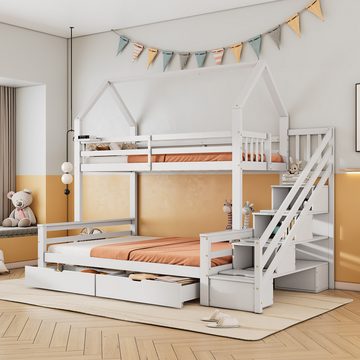 Flieks Etagenbett, Hausbett Kinderbett mit Stauraumtreppe, 2 Schubladen 90x200+140x200cm