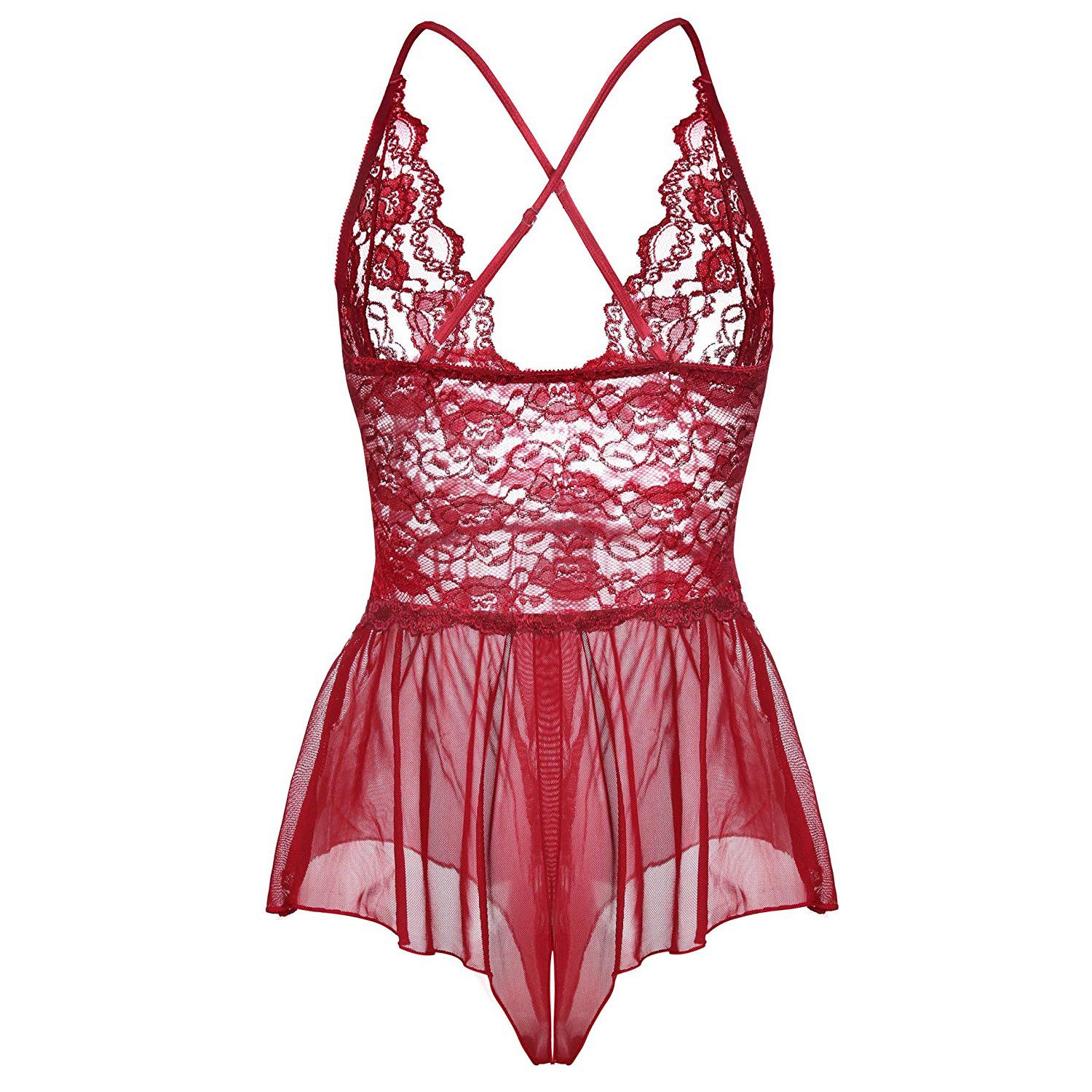 Lovolotti Body-Ouvert Sexy Babydoll aus Spitze mit tiefem Ausschnitt transparent elegantes Damen Dessous Nachtwäsche