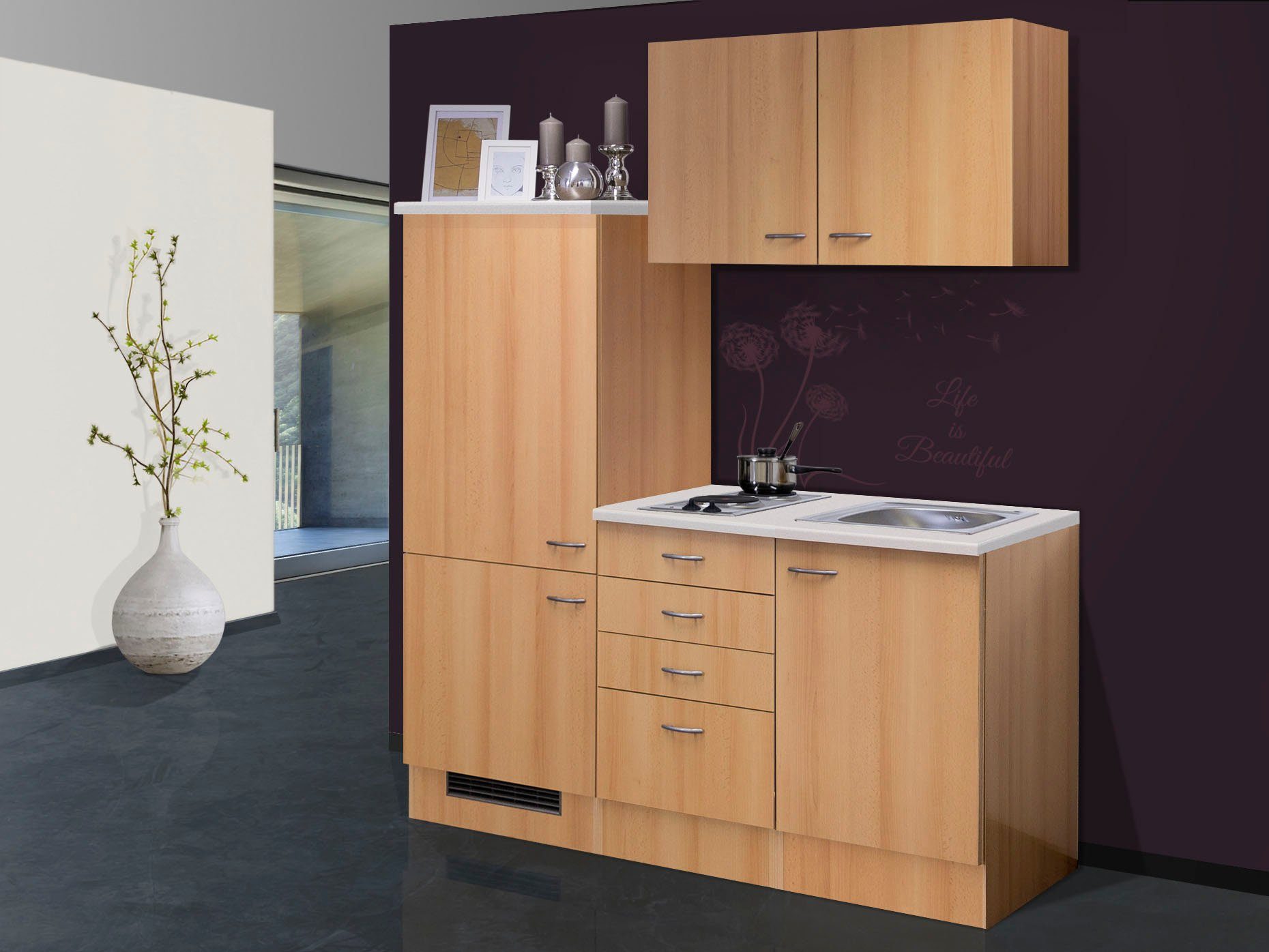 Flex-Well Küchenzeile Nano, Gesamtbreite 160 cm, mit Einbau-Kühlschrank, Kochfeld und Spüle etc.