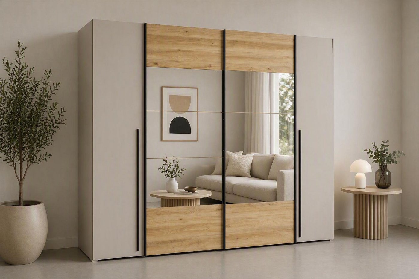 FORTE Kleiderschrank Narago, Kombischrank mit Spiegel (B/H/T ca. 270/210/61cm) Schwebetüren in Kombination mit Drehtüren, Made in Europe