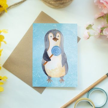 Mr. & Mrs. Panda Grußkarte Pinguin Lolli - Eisblau - Geschenk, Klappkarte, Süßigkeiten, Geburtst, Hochglänzende Veredelung