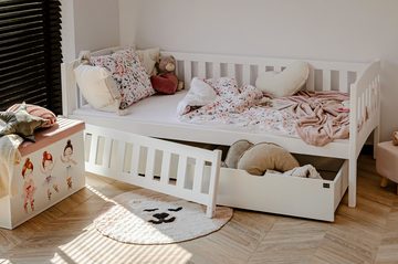 thematys Kinderbett 90x200 cm in Weiß – Einzelbett mit 2 Schubladen, mit Rausfallschutz, Kindersicher, Massivholz, Kinderzimmer für Jungen und Mädchen