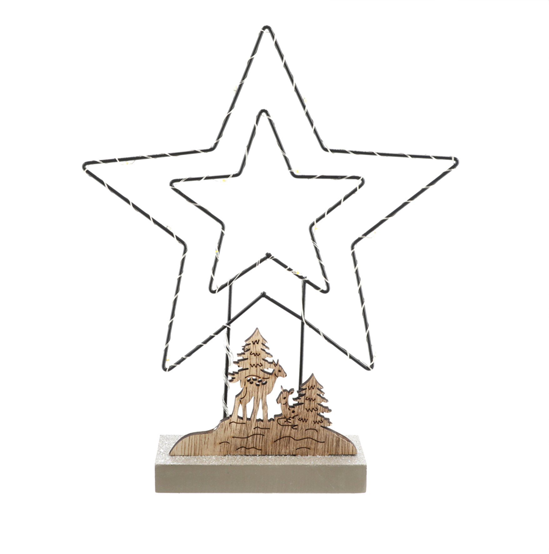 Spetebo Dekoobjekt LED Stern Aufsteller aus Holz - 27 x 21 cm (Packung, 1 tlg), Silhoutten Bild Winterlandschaft mit Rehen warm weiß beleuchtet