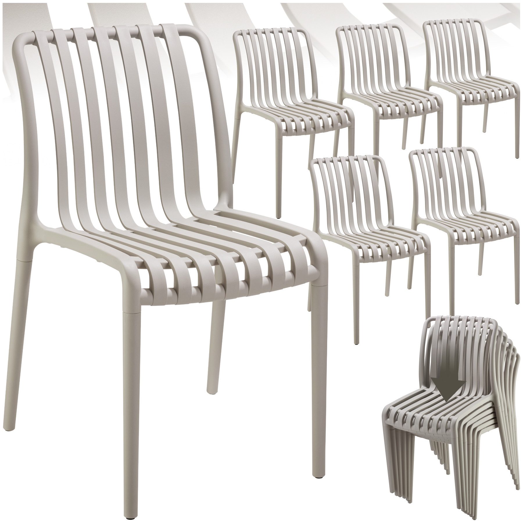 tectake Gartenstuhl Balkonstuhl, stapelbar, 47 x 58 x 80,5 cm, Belastbarkeit 110 kg (Terrassenstuhl Alcudia für Außen in Taupe, 6 St), wetterfest und UV-beständig, pflegeleicht, rutschfeste Gummischoner