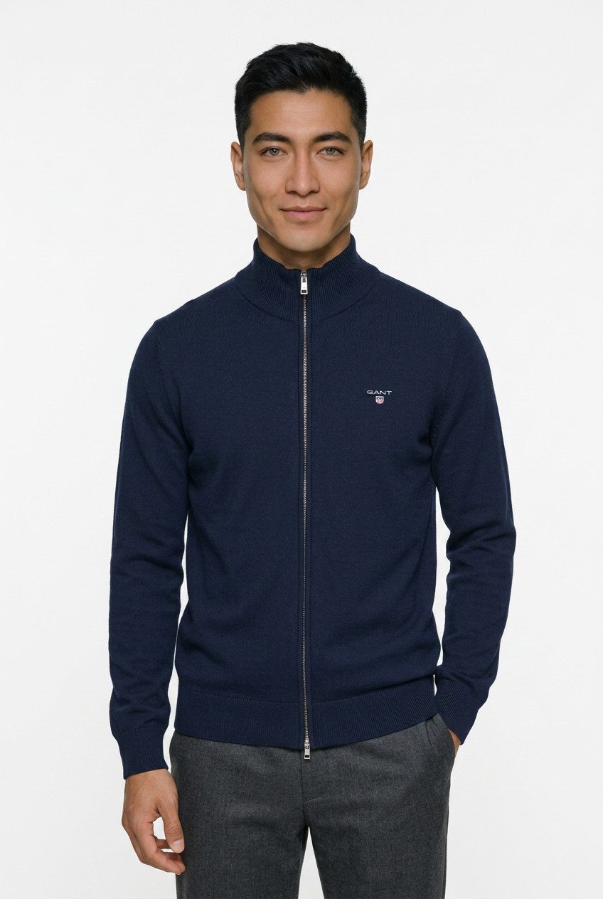 Gant Cardigan CASUAL COTTON ZIP CARDIGAN Mit Rippbündchen an Stehkragen, Ärmeln und Saum
