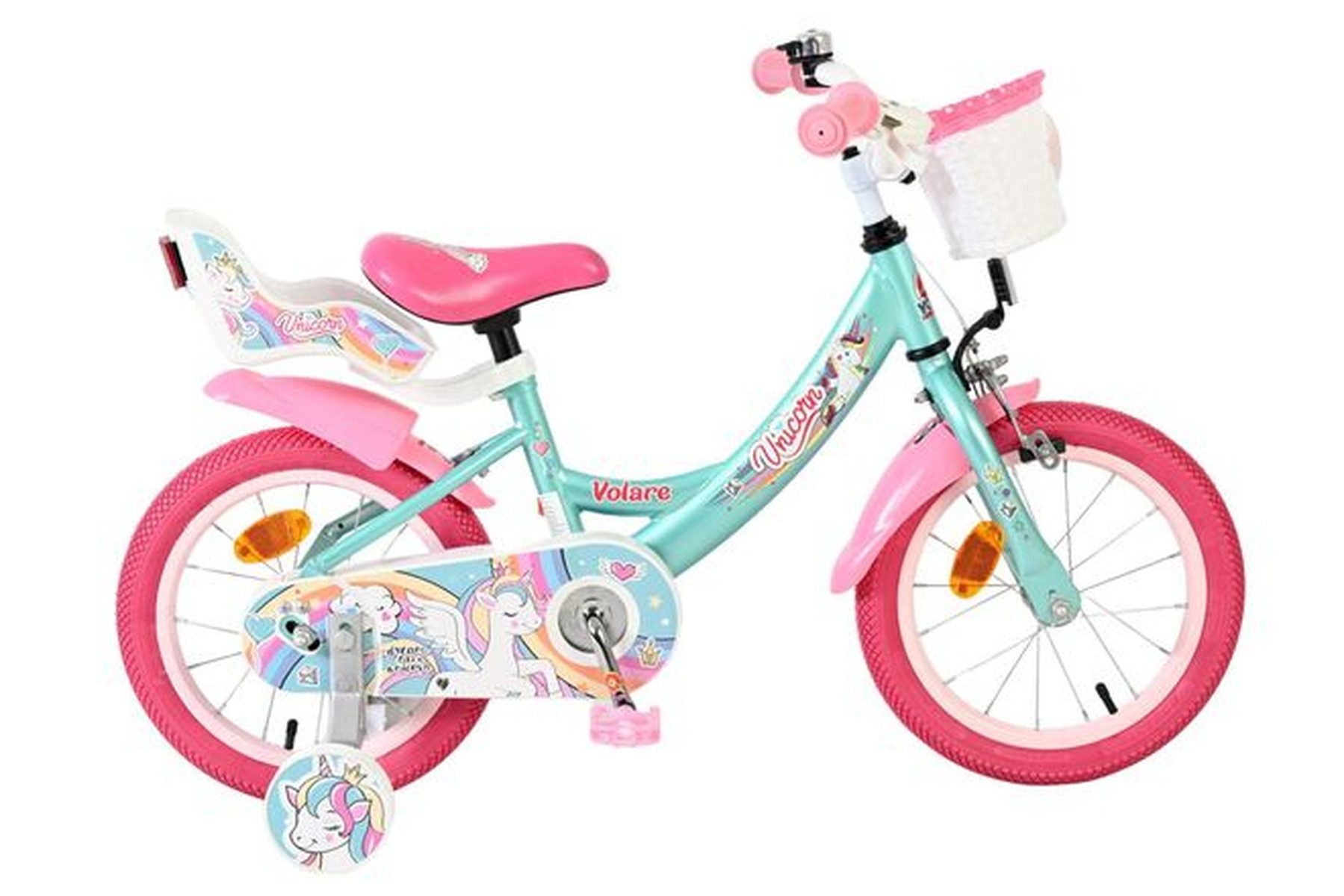 Volare Kinderfahrrad Unicorn Mädchen 14 Zoll Grün im Einhorn-Design mit Rücktrittbremse, Verstellbarer Sattel und Lenker (Sattelhöhe 45,5–52,5 cm)