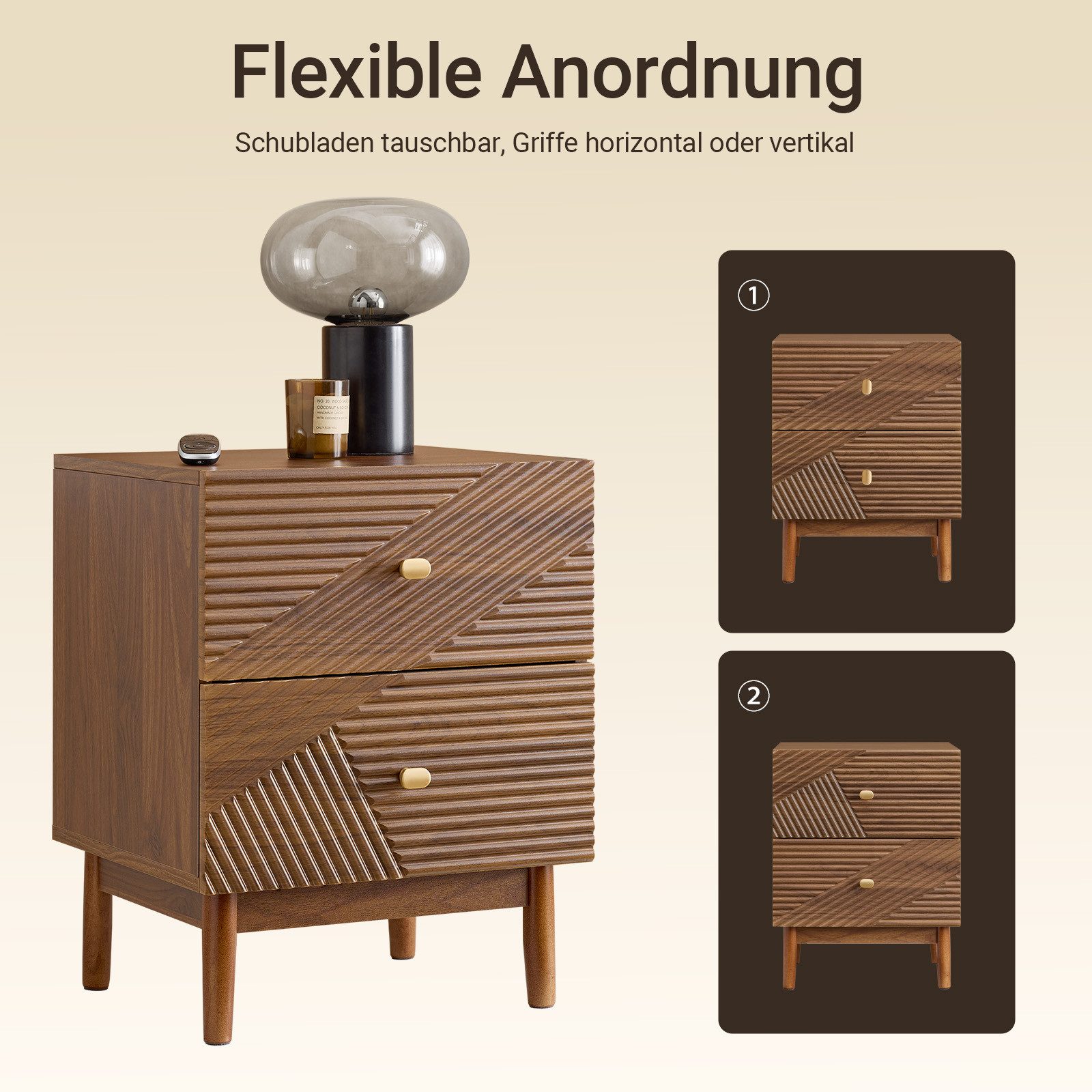 SoBuy Nachttisch FBT170, Nachtschrank mit 2 Schubladen, Beistelltisch Couchtisch, Nachtkommode Sofatisch, mit Gummibaumholzbeinen, vintage, Schlafzimmer – Bild 4 von 5