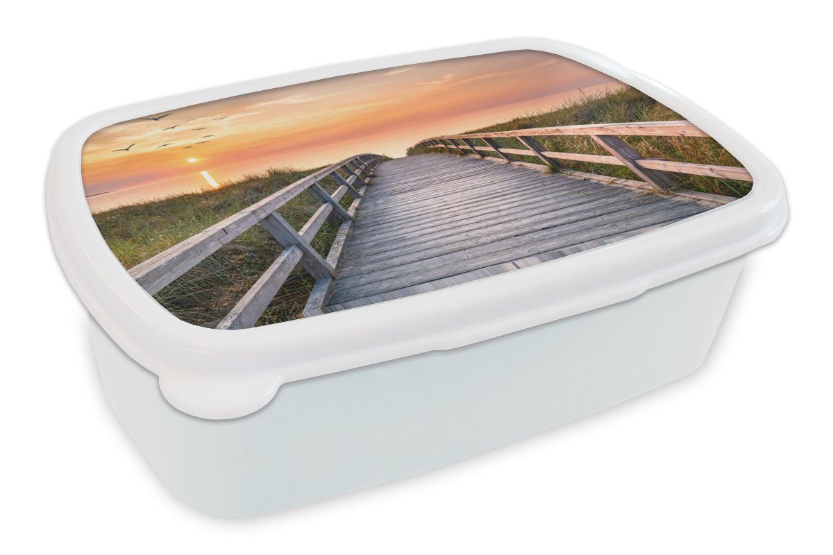 MuchoWow Lunchbox Sonnenuntergang - Meer - Weg - Gras - Düne - Vögel, Kunststoff, (2-tlg), Brotbox für Kinder und Erwachsene, Brotdose, für Jungs und Mädchen weiß