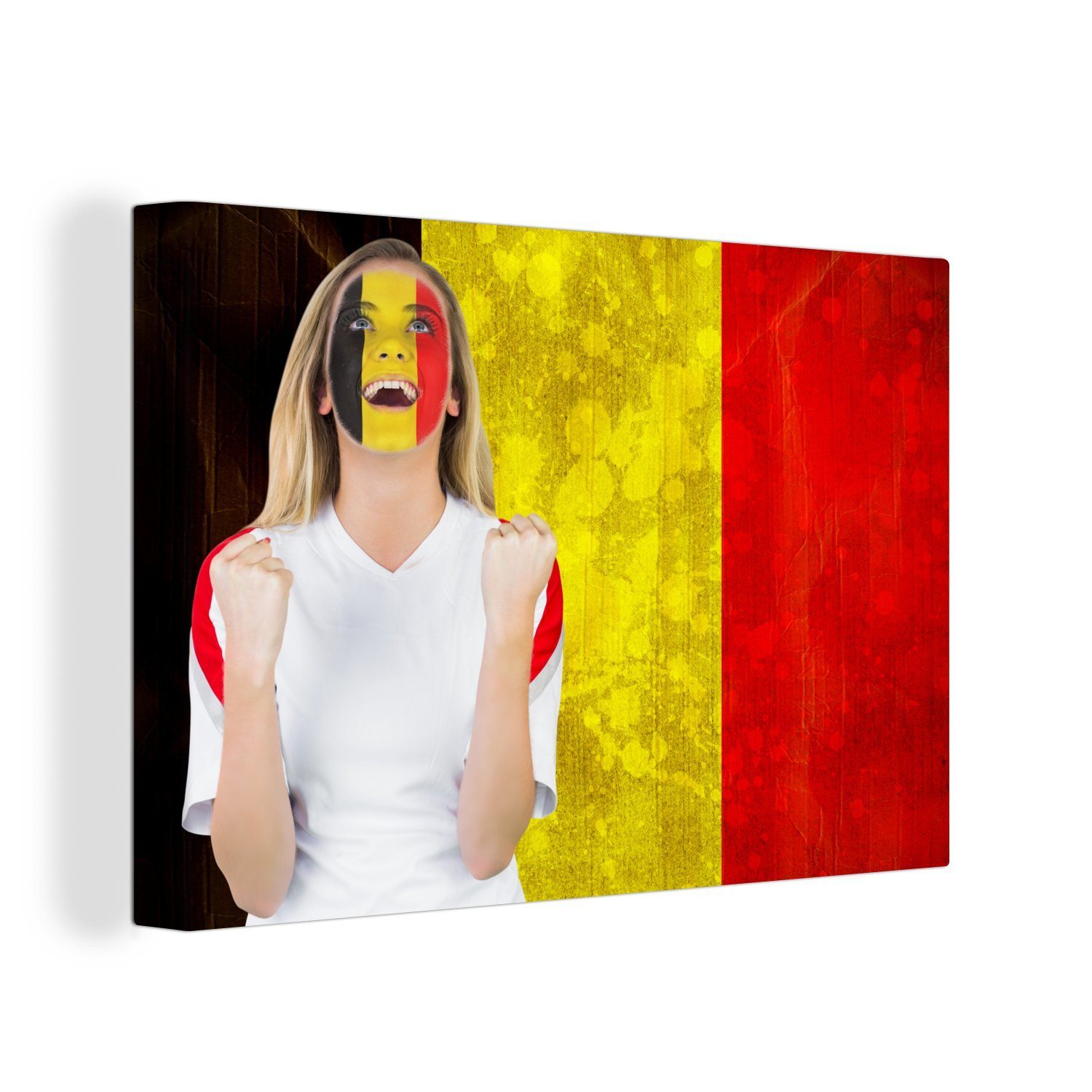 OneMillionCanvasses® Leinwandbild Jubelnde Fans vor der belgischen Flagge, (1 St), Wandbild Leinwandbilder, Aufhängefertig, Wanddeko, 30x20 cm