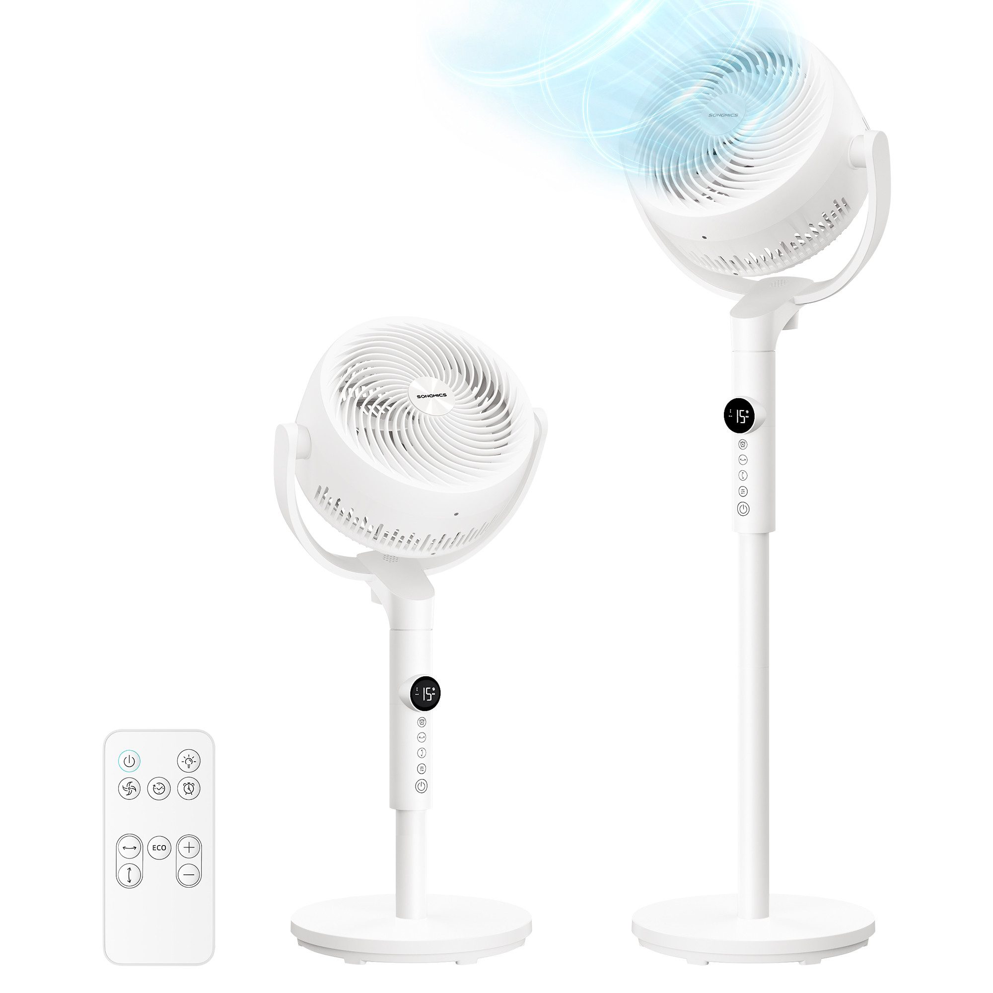 SONGMICS Standventilator Ventilator leise 20 dB, 3 Modi, höhenverstellbar, 23,8x35,4x111,7 cm, mit Fernbedienung, 15 Geschwindigkeiten, 15 Std. Timer, weiß