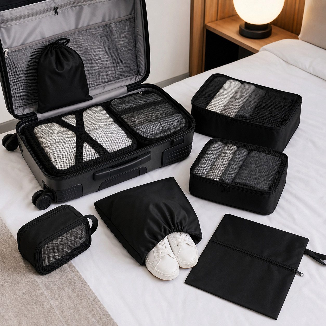H-basics Kofferorganizer Packwürfel 7-tlg Schwarz Wäsche- und Schuhbeutel