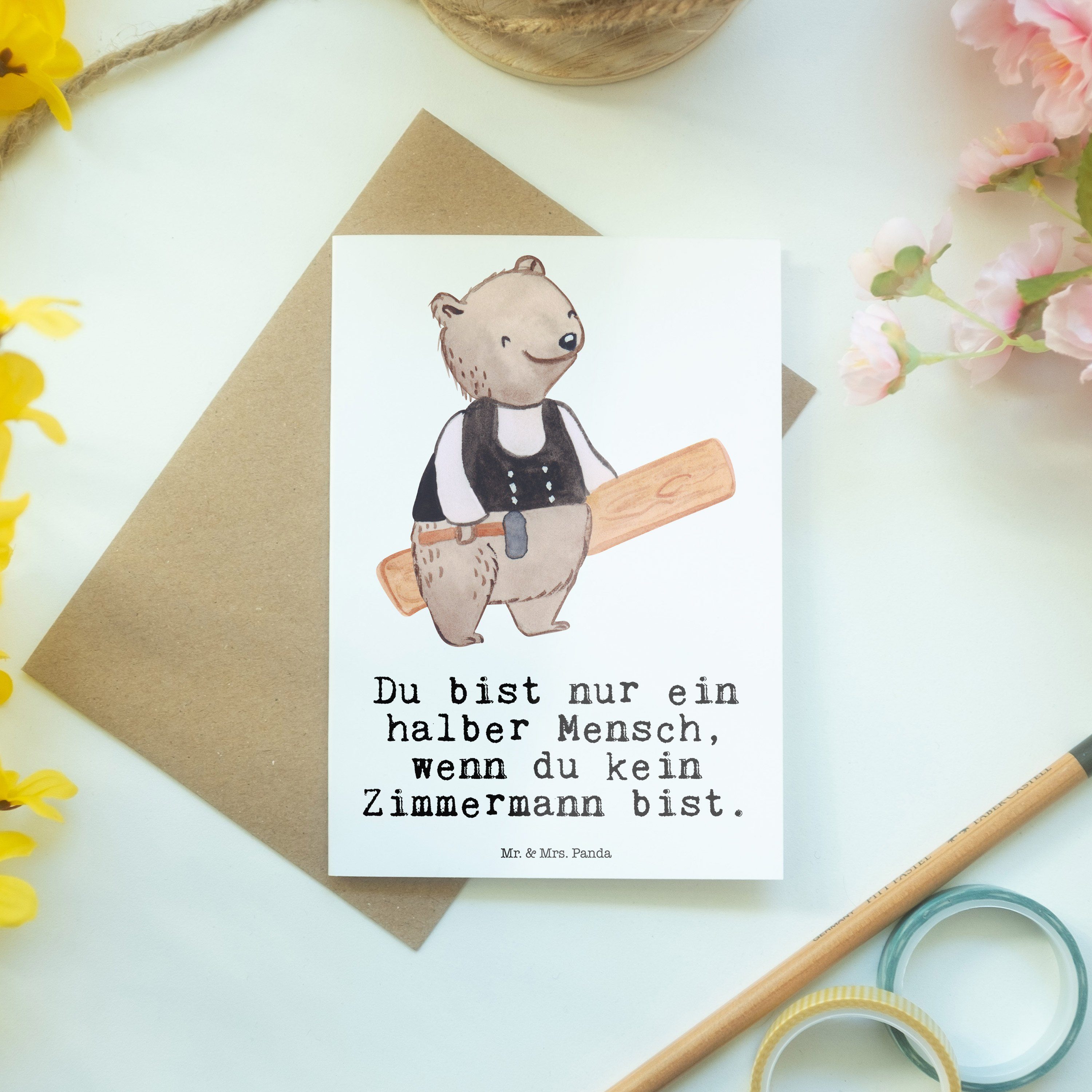 Geschenk, Grußkarte Klappkarte Panda mit Zimmermann - & Mrs. Mr. Glückwunschkarte, Herz - Weiß